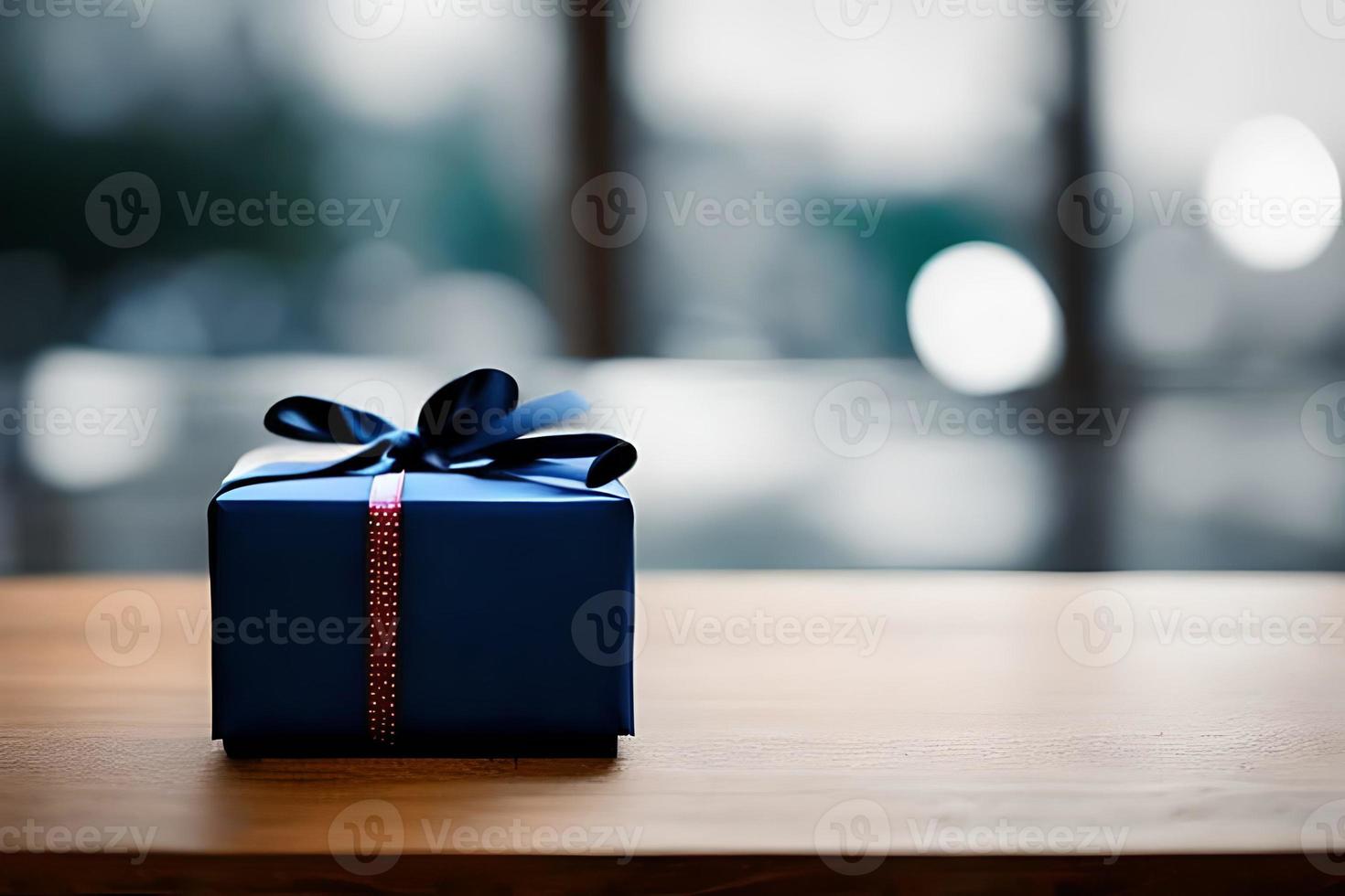 pequeño linda azul regalo caja con bokeh antecedentes con algunos negativo espacio a poner texto, antecedentes y fondo. foto