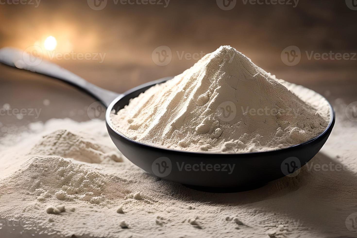 A bowl of flour on the table, studio shot and marketing presentation. photo