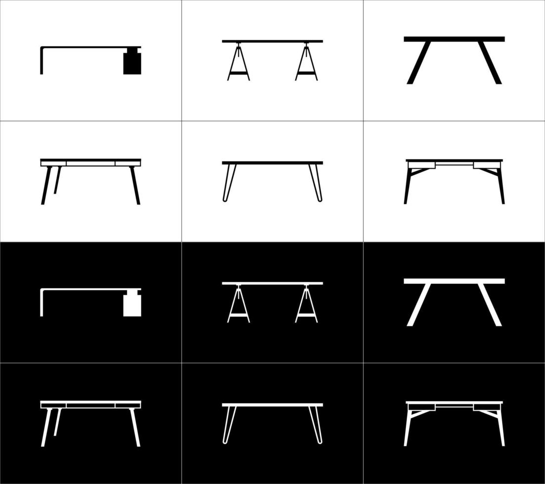 Table icons set. Vector illustration isolated on white and black background.
