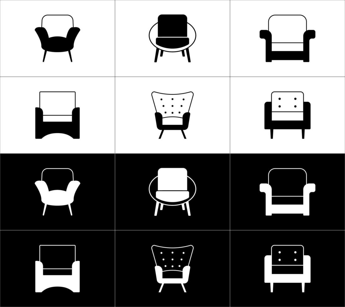 Comfortable armchair icons set on black and white background. Vector illustration