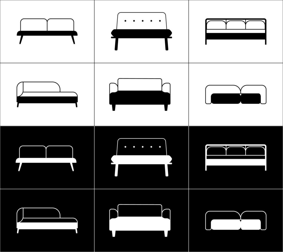 Set of six furniture icons. Sofas. White on a black background and black on a white background. vector