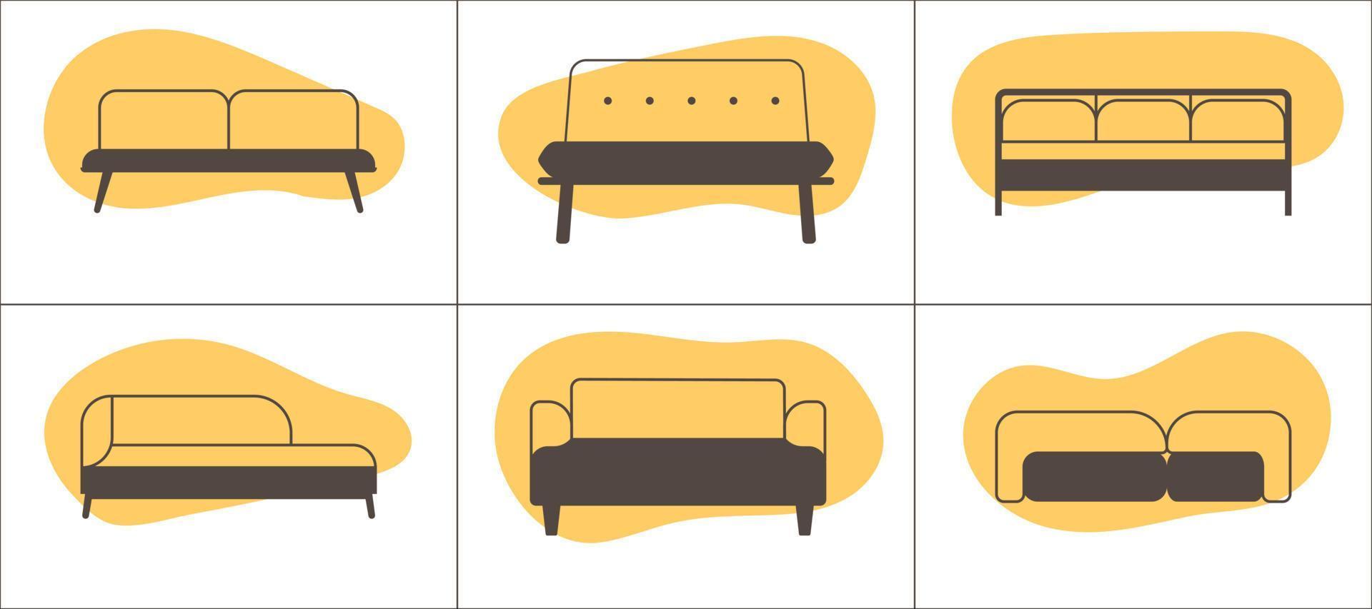 Six furniture icons. Sofas. Outline icons on abstract shapes backgrounds. vector