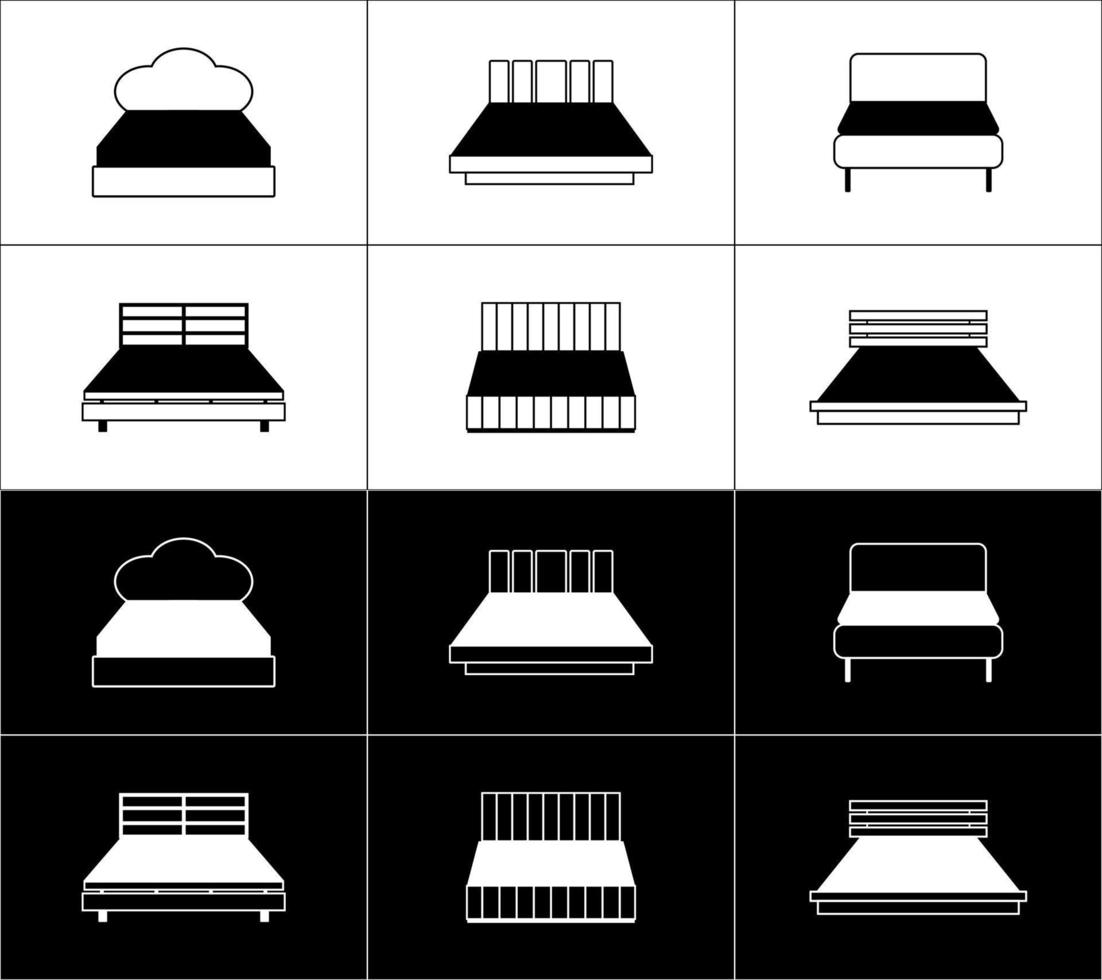 Set of six furniture icons. Beds. White on a black background and black on a white background. vector