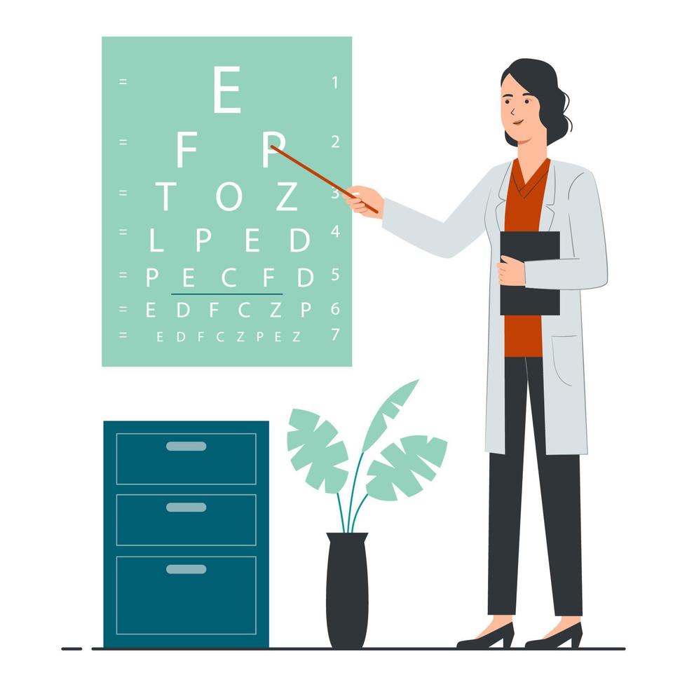 Female oculist pointing at eyesight test chart. Medical eye diagnostic vector