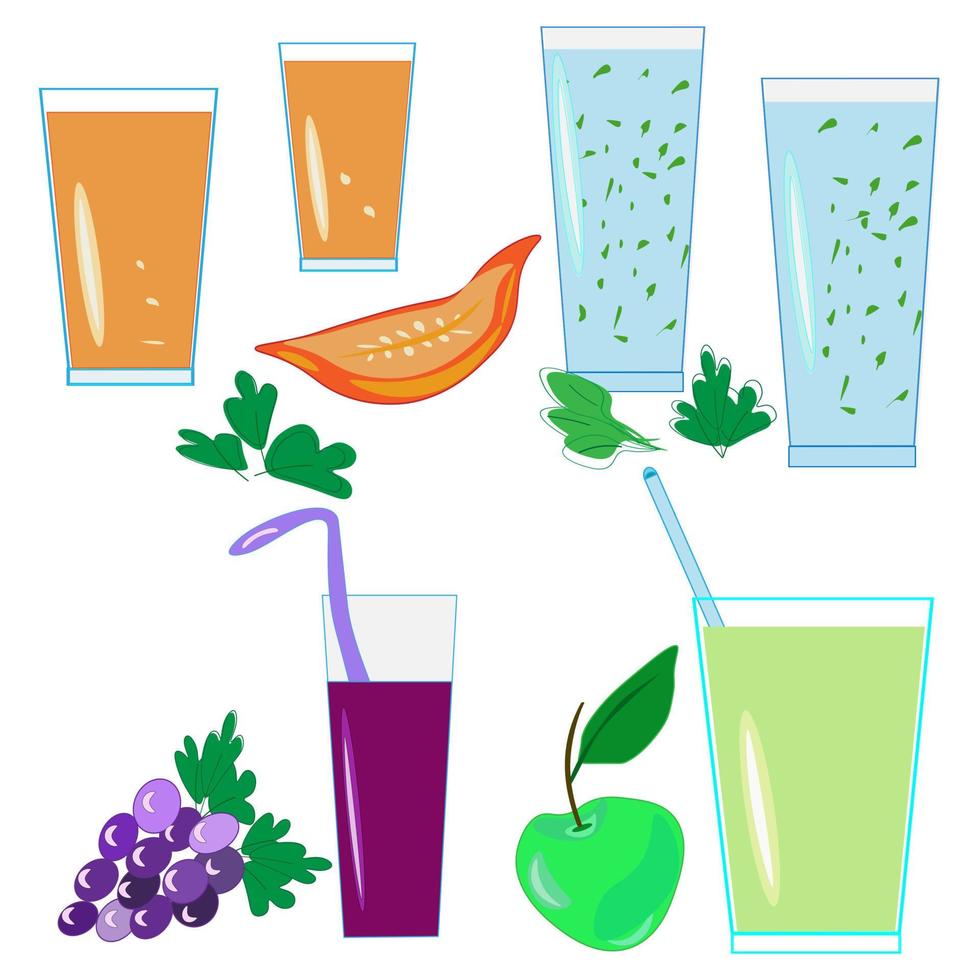 Fresh tropical fruits.A variety of fresh fruits and juices. Vector illustration of the vegetarian menu.