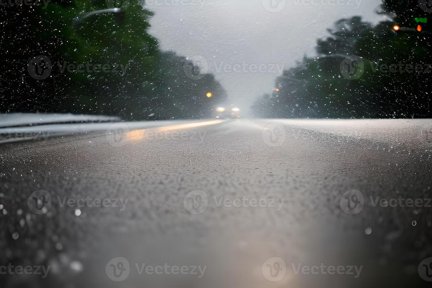 Heavy rain drop at middle of the road surface bokeh background. photo