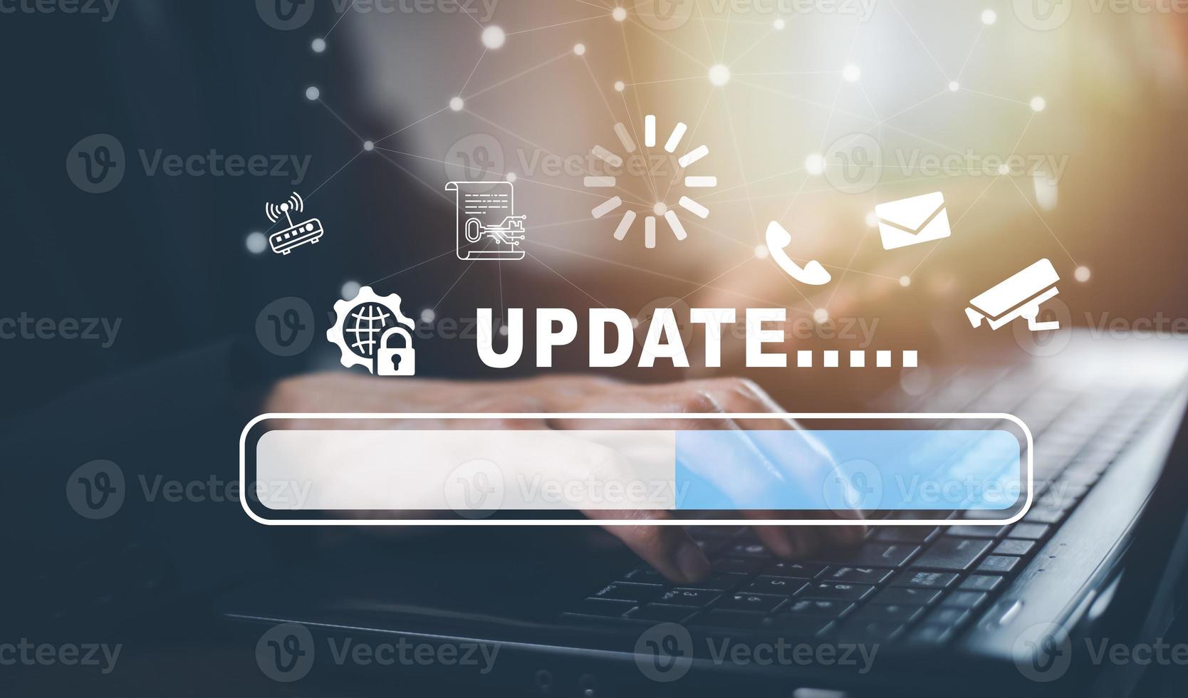 Hand touch bar of Update Software Computer Program Upgrade Business Technology Internet, Update on virtual screen. Internet and technology concept, loading bar with installing the update. photo
