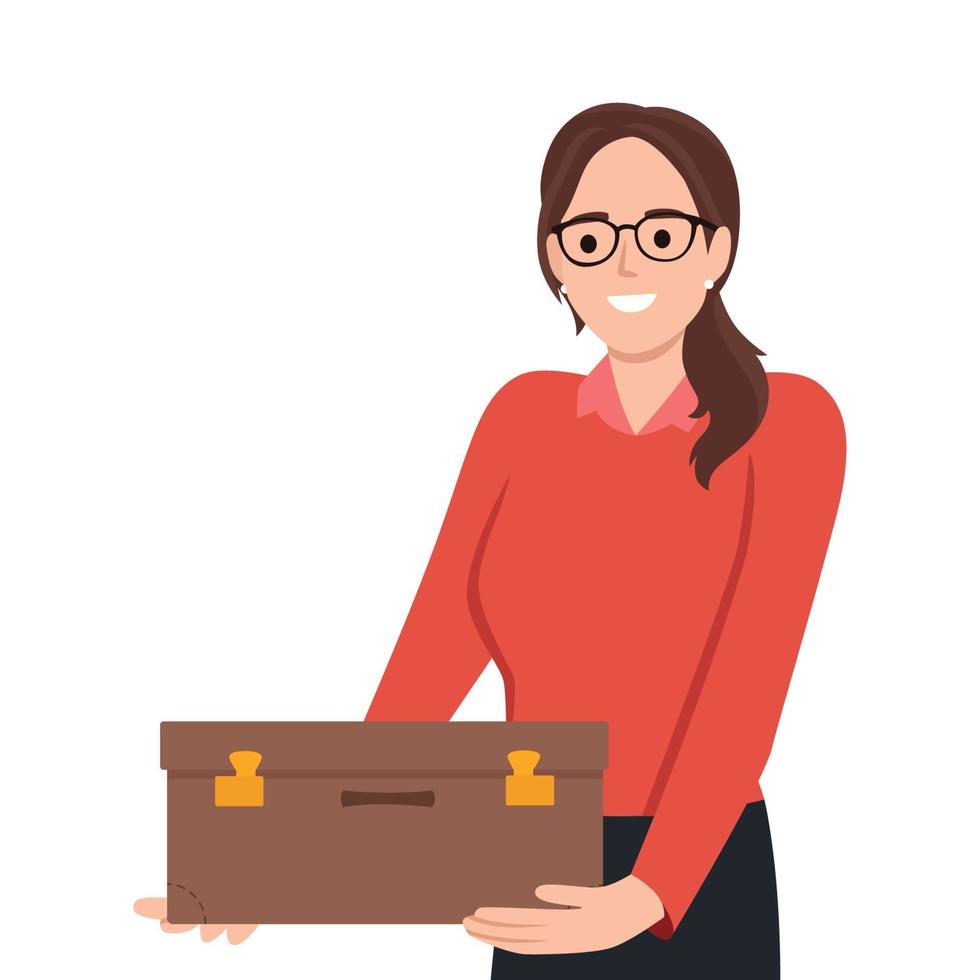 joyful businesswoman hugs suitcase with money. Happy boss and case with cash. Successful business pleasure goal vector