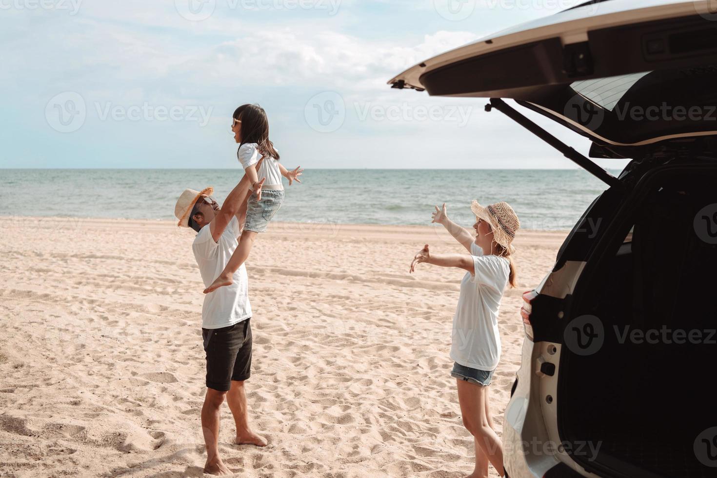 Happy Family with car travel road trip. summer vacation in car in the sunset, Dad, mom and daughter happy traveling enjoy together driving in holidays, people lifestyle ride by automobile. photo