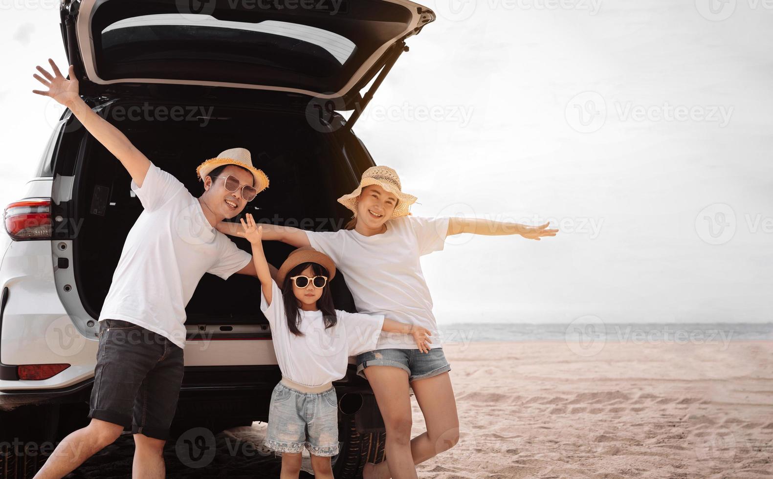 Family with Car travel driving road trip summer vacation in car in the sunset, Dad, mom and daughter happy traveling enjoy holidays and relaxation together get the atmosphere and go to destination photo