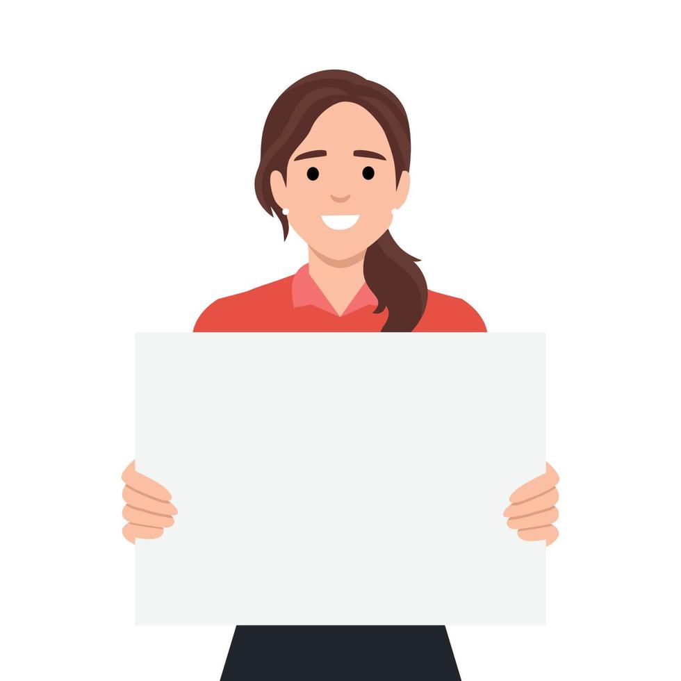 Young beautiful woman smiling and holding a blank empty sheet of white paper or board. Woman showing a empty poster. Human emotion and body language concept vector