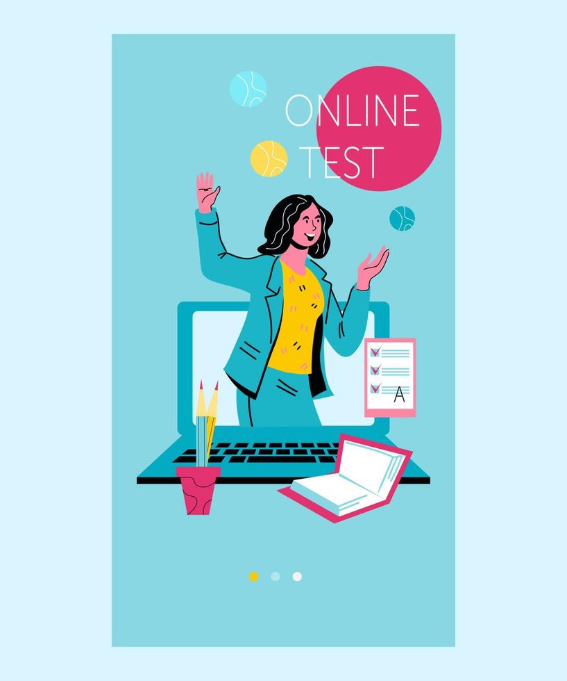 Online test mobile application template for internet education and online courses. Woman on computer screen inviting students to receive certificate after virtual exam, flat vector illustration.