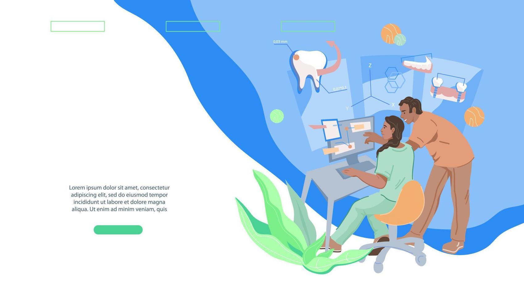 Dentistry and stomatology services website banner template with dentists modeling dental treatment process, flat vector illustration. Landing page for dental care and transplant or implant of teeth.