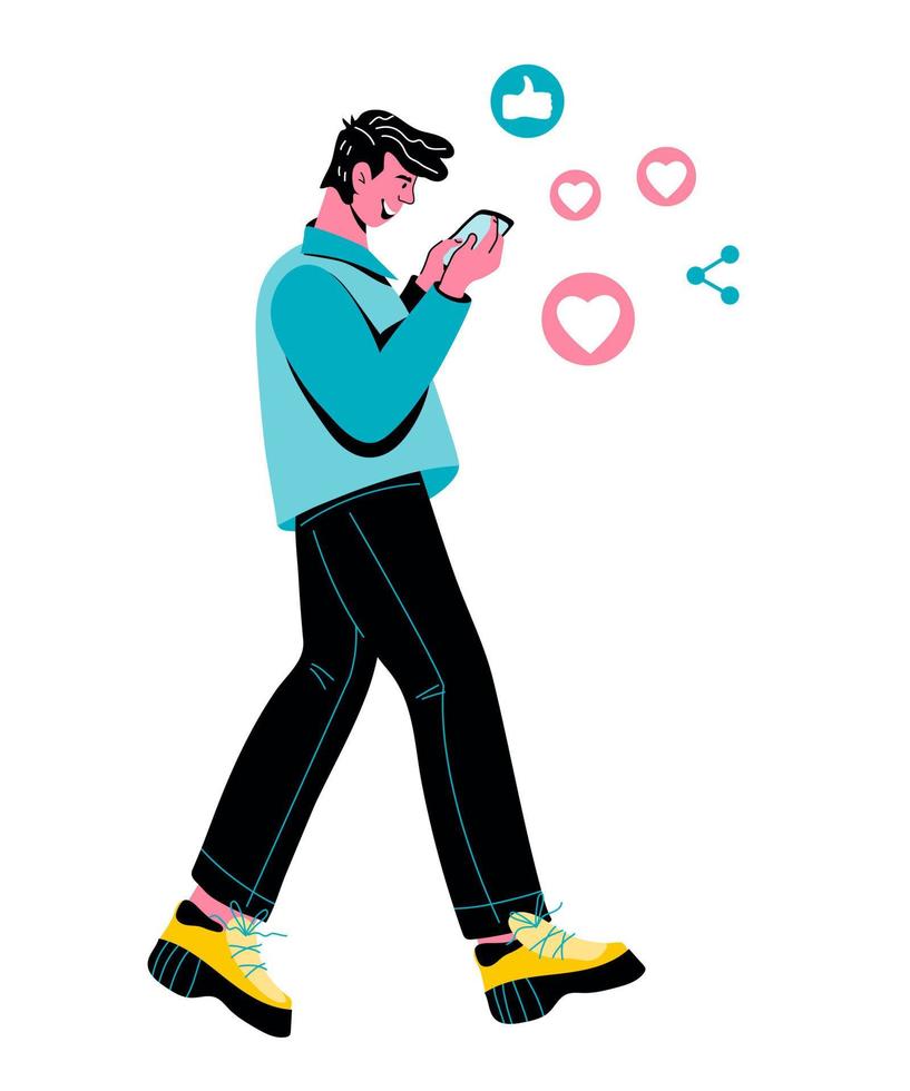 hombre caminando con teléfono inteligente en manos, mensajería y mecanografía. concepto de virtual comunicación, Fechado sitios y social redes, dibujos animados vector ilustración aislado en blanco.