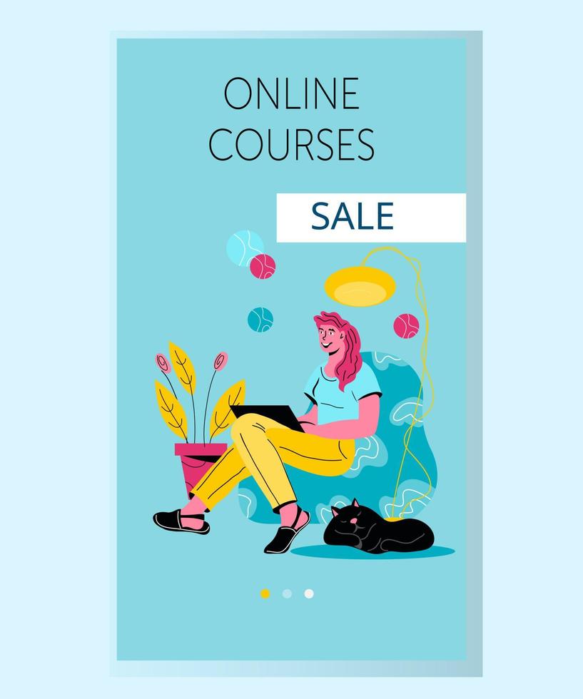 Mobile page template for online courses application with woman student in learning process. Online education and distance e-learning, educational training, flat vector illustration.