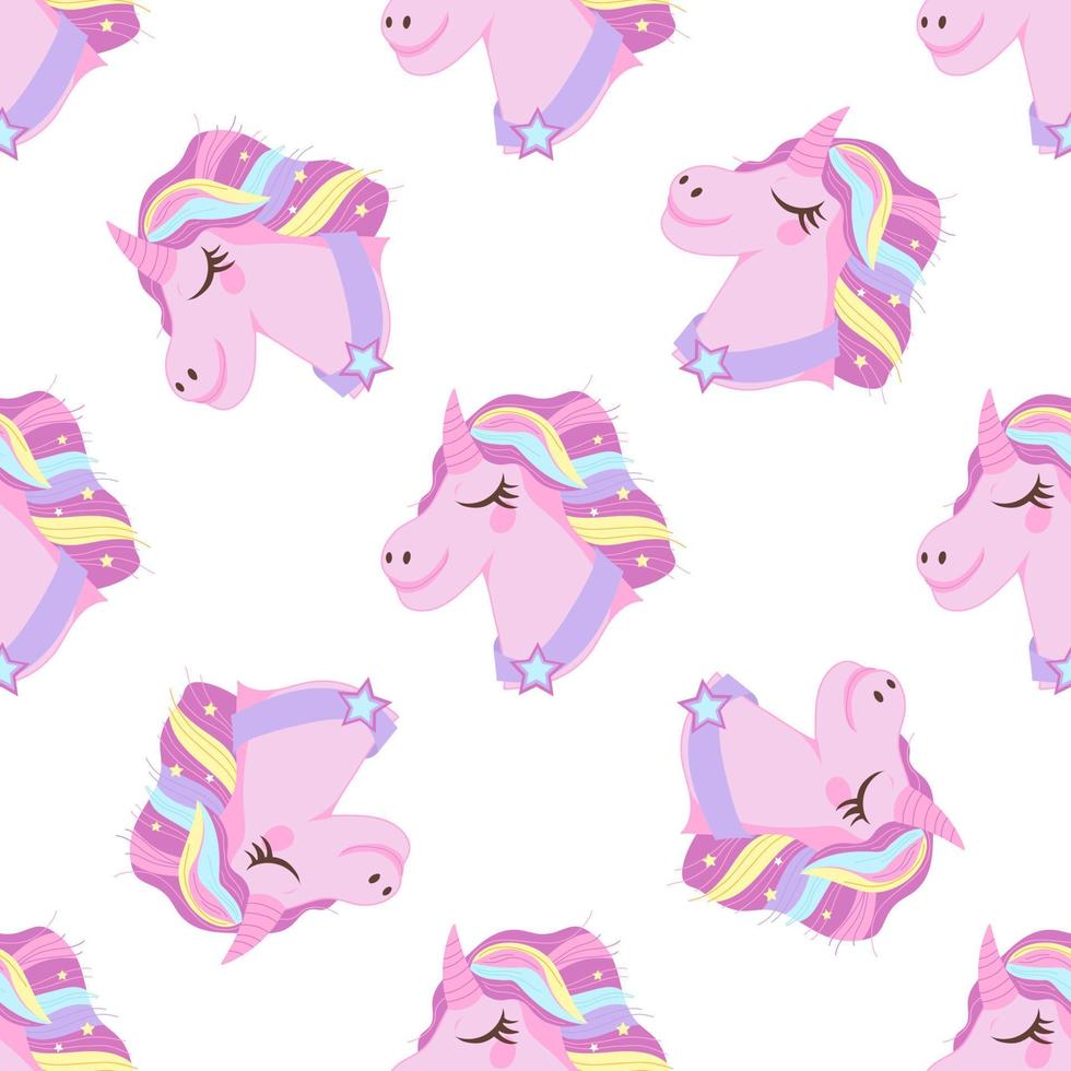 Seamless textile pattern with rainbow unicorn, flat cartoon vector illustration on white. Repeatable endless decorative background with pink unicorns head for print and wallpaper.