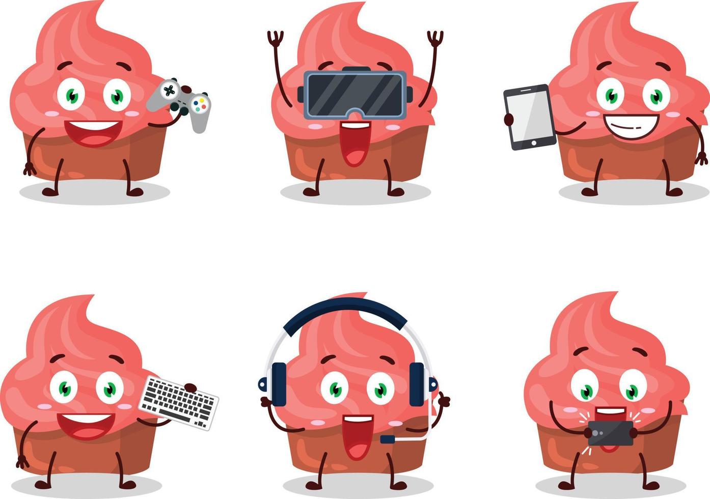 Strawberry cake cartoon character are playing games with various cute emoticons vector