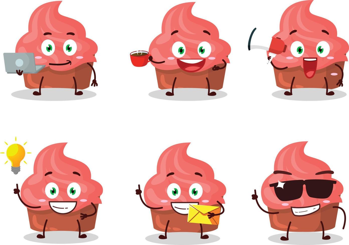 Strawberry cake cartoon character with various types of business emoticons vector