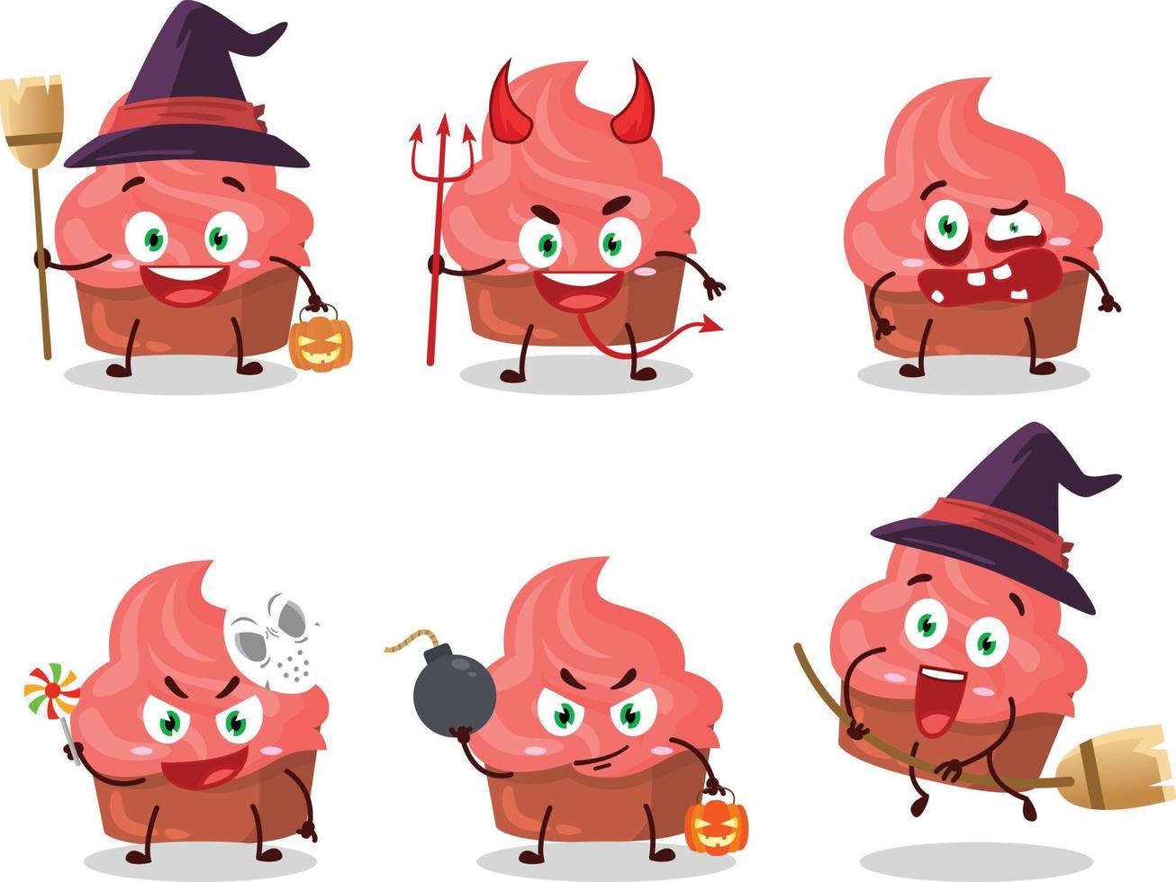 Víspera de Todos los Santos expresión emoticones con dibujos animados personaje de fresa pastel vector