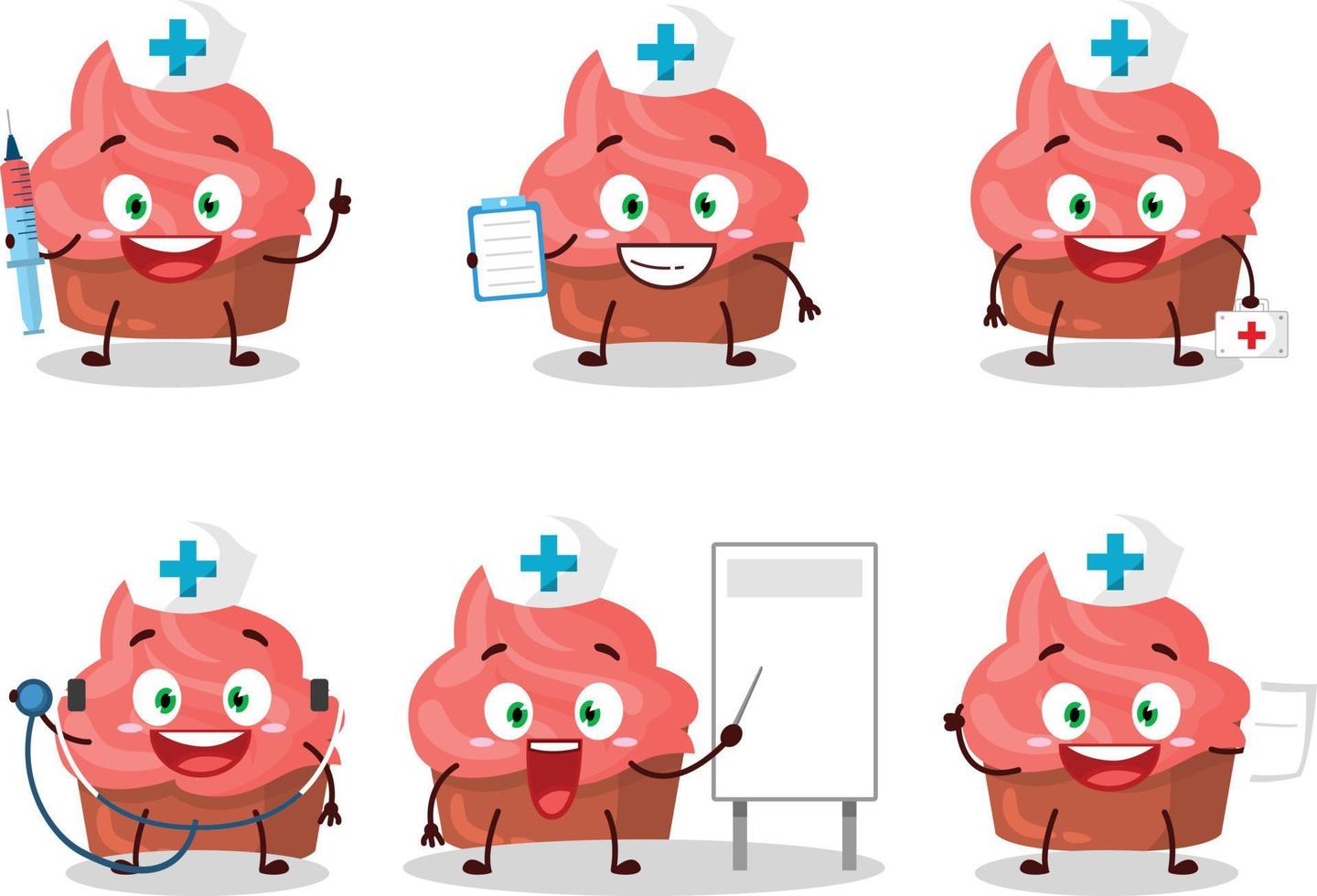 médico profesión emoticon con fresa pastel dibujos animados personaje vector