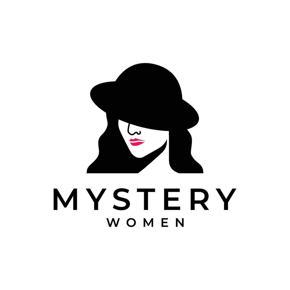 beautiful face female longest hair with hat circle mystery logo design vector