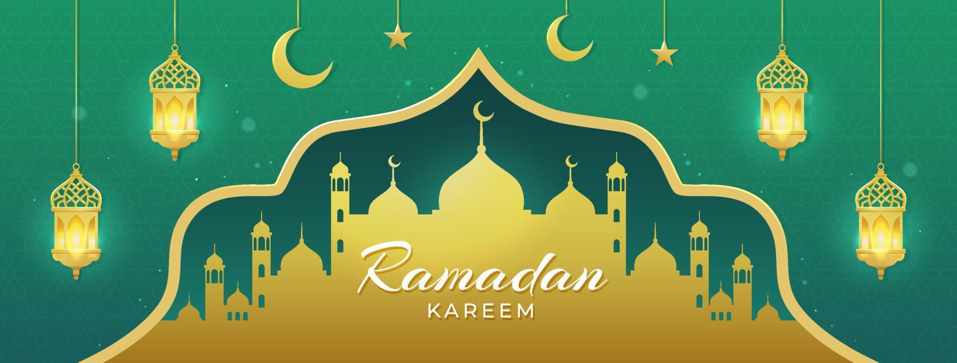 Ramadan kareem islamic background with hanging lanterns and golden mosque illustration vector