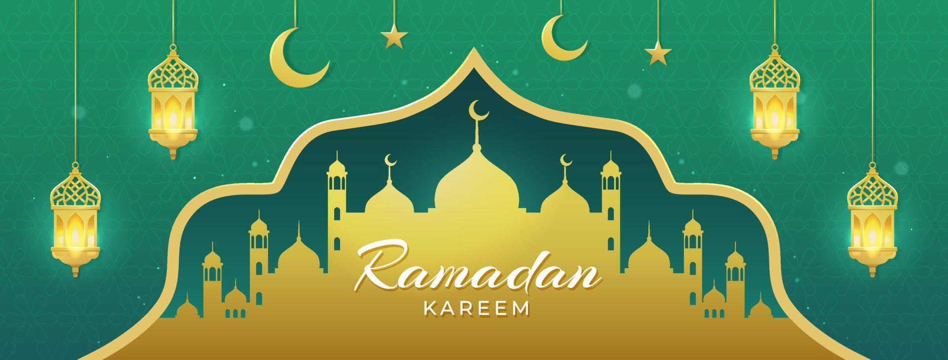 Ramadan kareem islamic background with hanging lanterns and golden mosque illustration vector