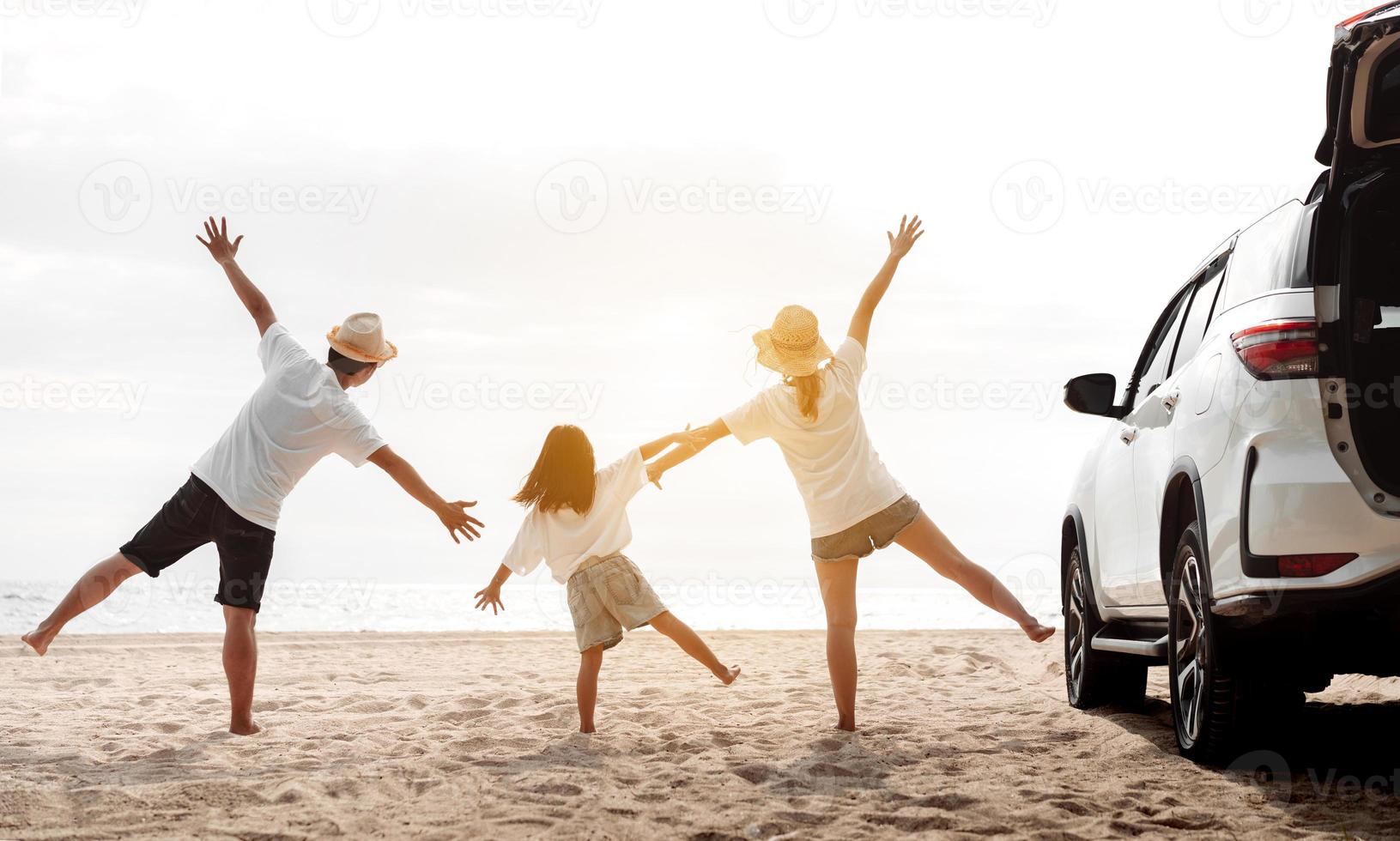 Family travel car road trip concept. summer vacation in car in the sunset, Dad, mom and daughter happy traveling enjoy and relaxation together driving in holidays, people,lifestyle with transportation photo