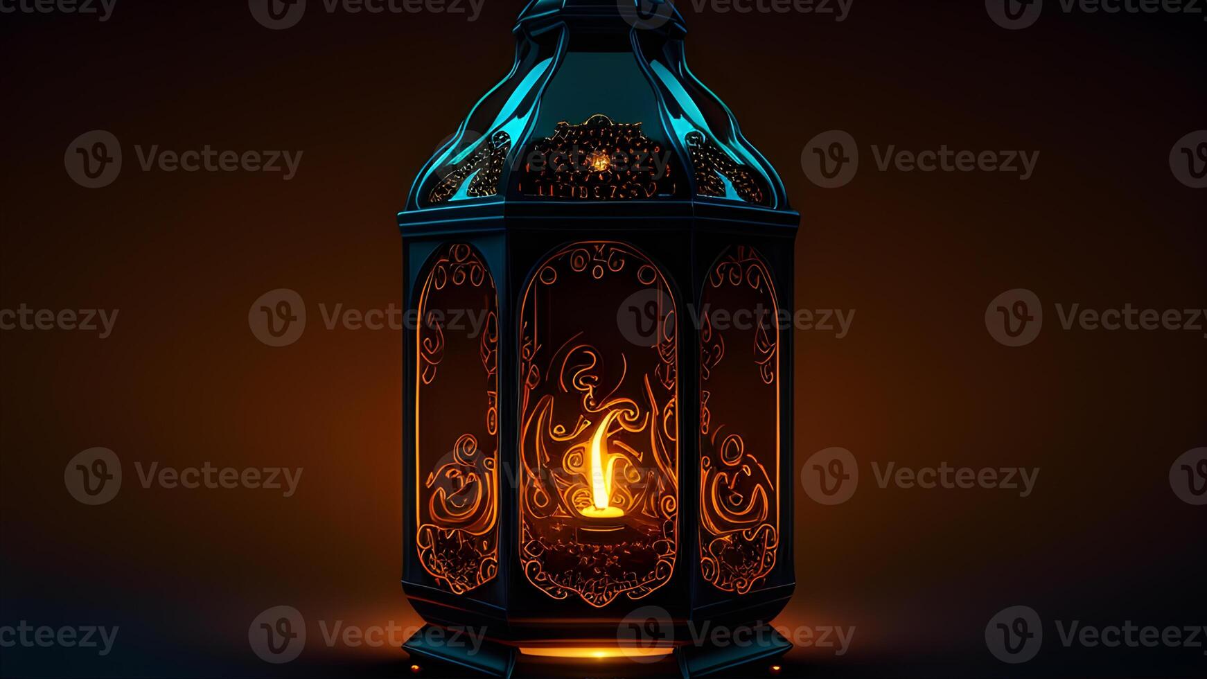 Ramadan Kareem celebration with Arabic lanterns, bokeh, and neon lights creates an enchanting atmosphere on a stage backdrop. Ideal for wallpapers and banners. . photo