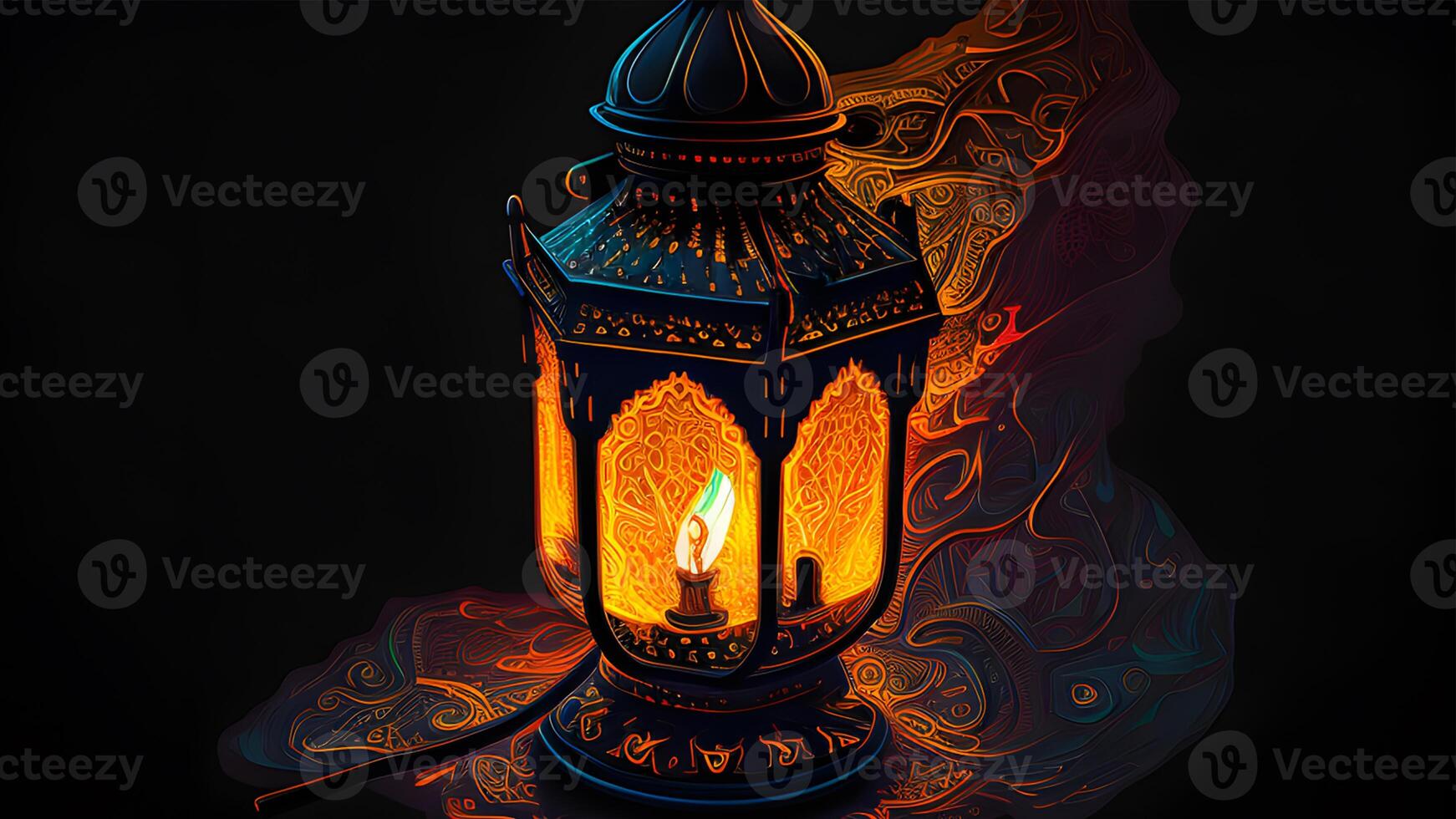 Ramadan Kareem celebration with Arabic lanterns, bokeh, and neon lights creates an enchanting atmosphere on a stage backdrop. Ideal for wallpapers and banners. . photo