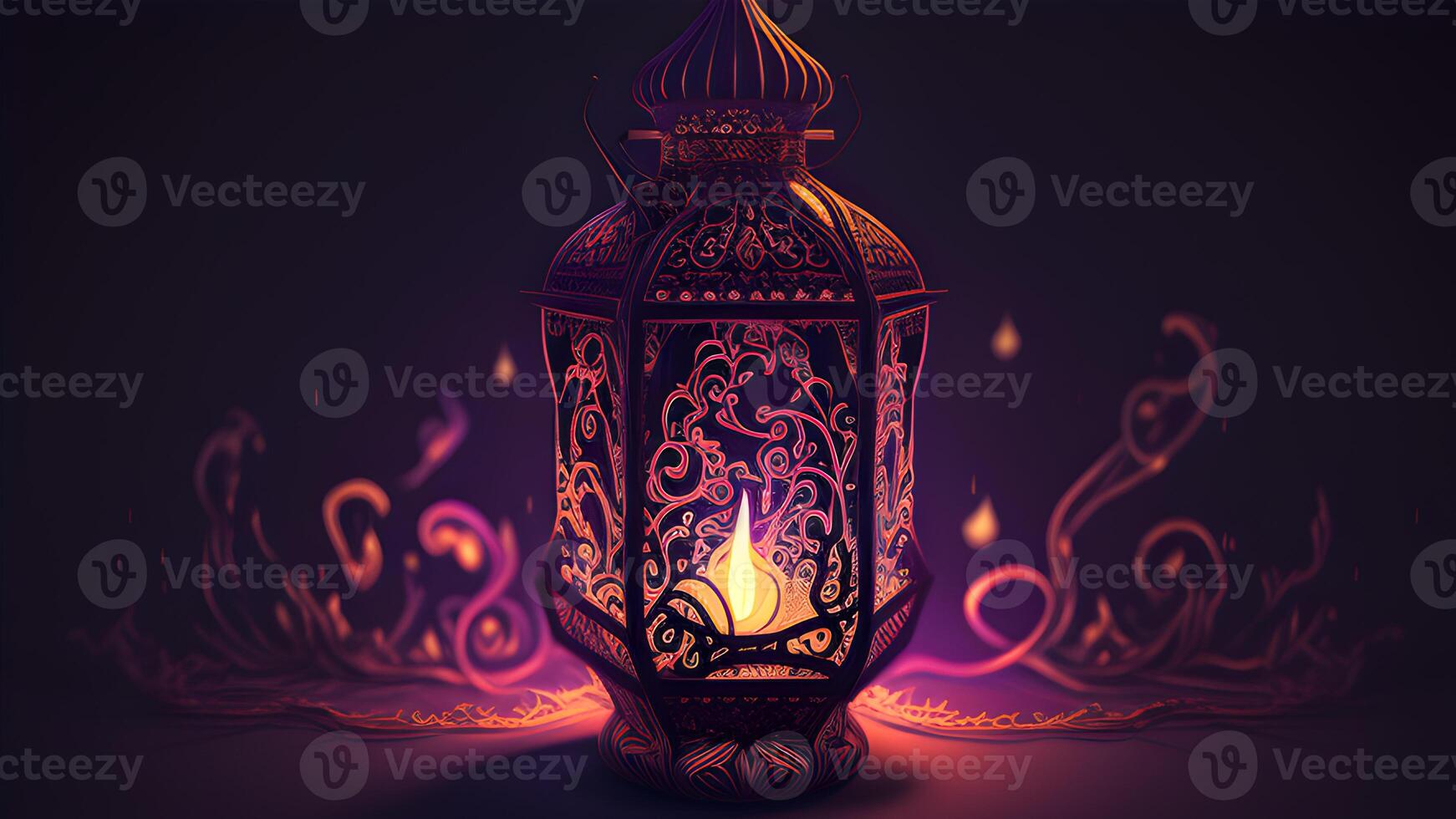 Ramadan Kareem celebration with Arabic lanterns, bokeh, and neon lights creates an enchanting atmosphere on a stage backdrop. Ideal for wallpapers and banners. . photo