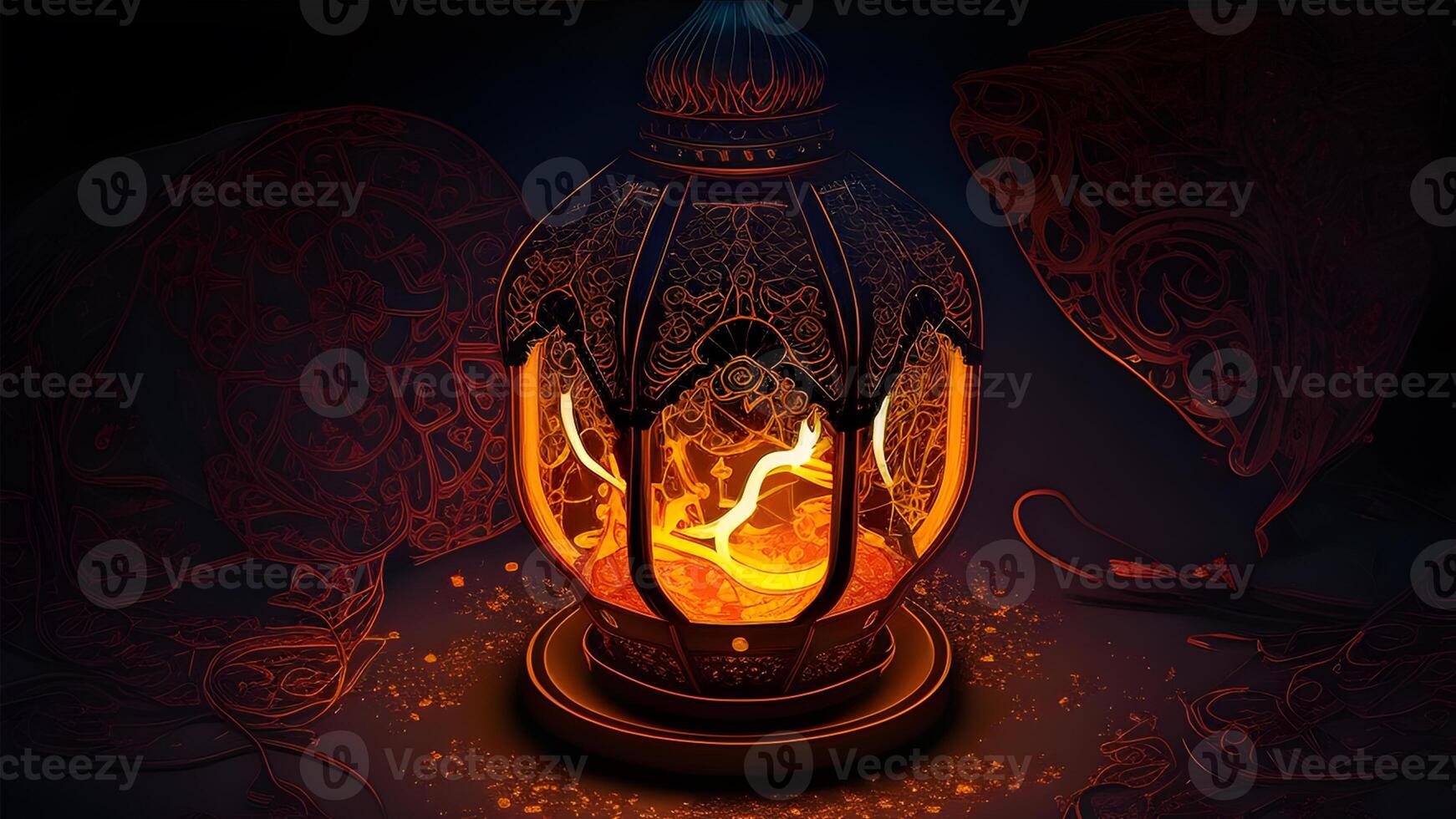 Ramadan Kareem celebration with Arabic lanterns, bokeh, and neon lights creates an enchanting atmosphere on a stage backdrop. Ideal for wallpapers and banners. . photo