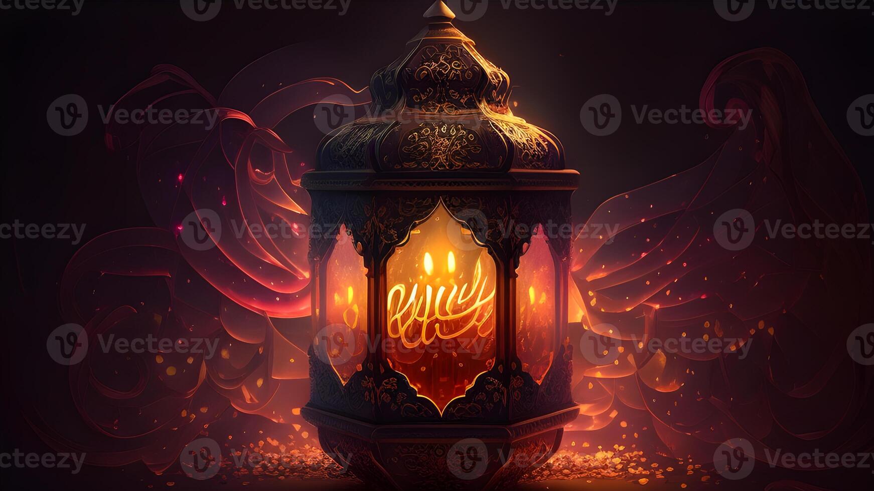 Ramadan Kareem celebration with Arabic lanterns, bokeh, and neon lights creates an enchanting atmosphere on a stage backdrop. Ideal for wallpapers and banners. . photo