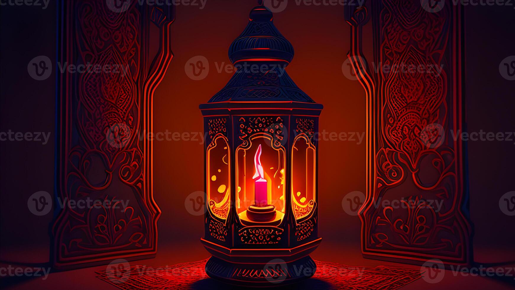 Ramadan Kareem celebration with Arabic lanterns, bokeh, and neon lights creates an enchanting atmosphere on a stage backdrop. Ideal for wallpapers and banners. . photo