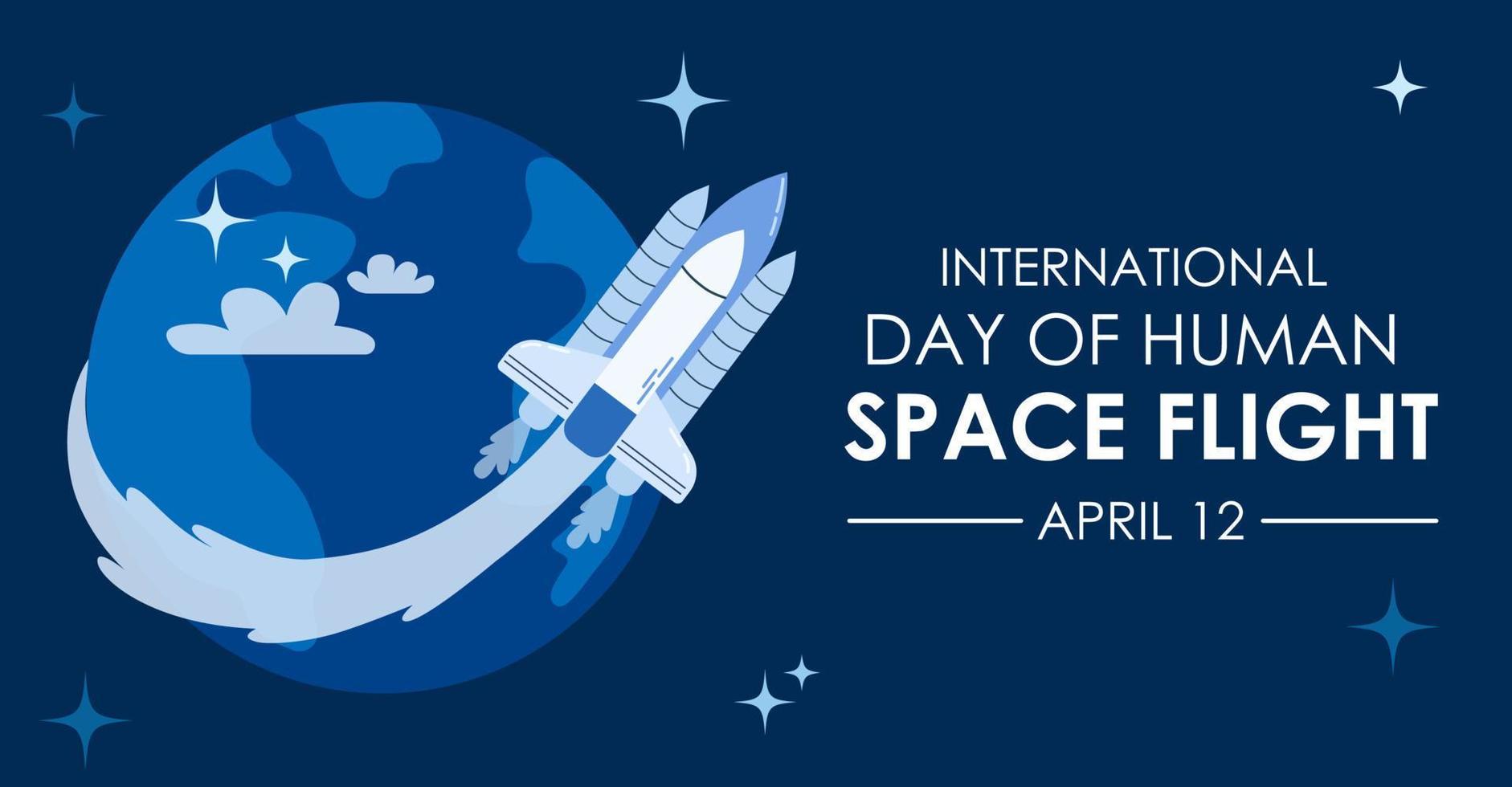 internacional día de humano espacio vuelo en abril 12 el cohete vuelo alrededor el tierra en espacio. plano dibujos animados ilustración en mano dibujado estilo. vector