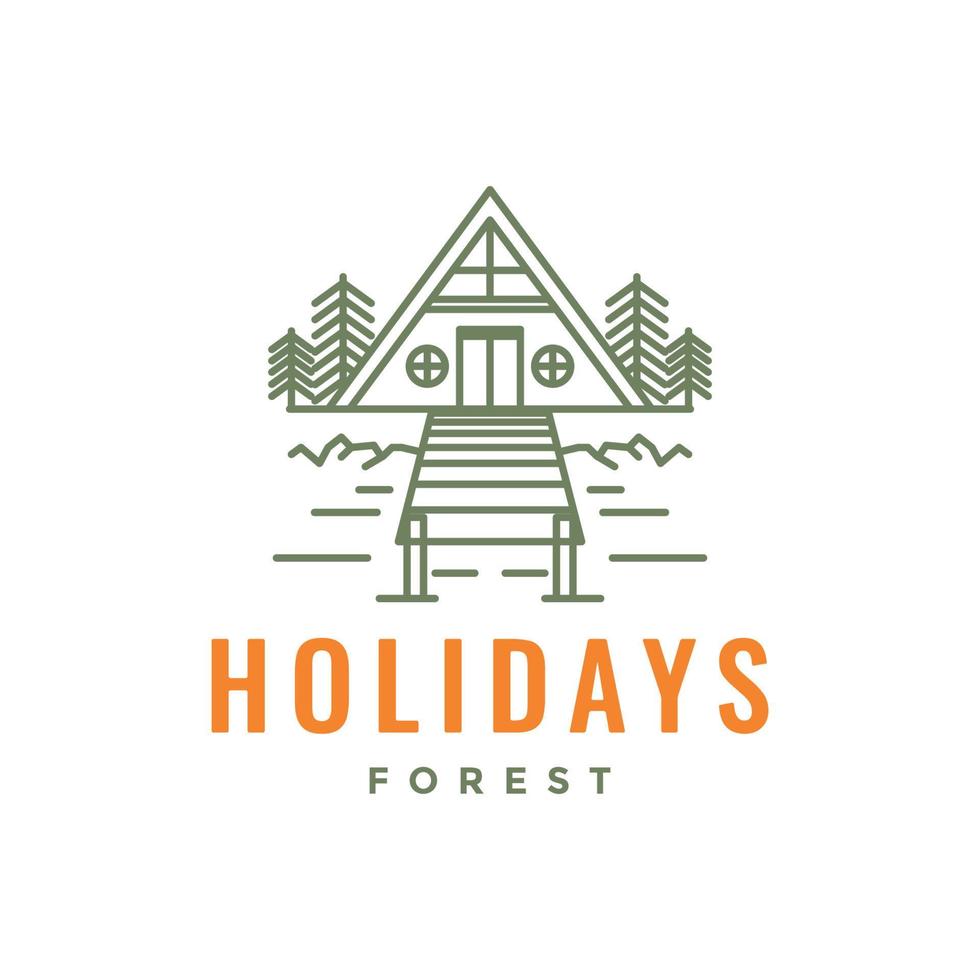 villa cabin forest holidays wood bridge hipster line vintage logo design vector