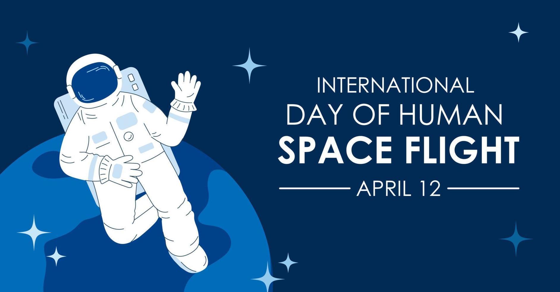 International day of human space flight background. Astronaut flying in