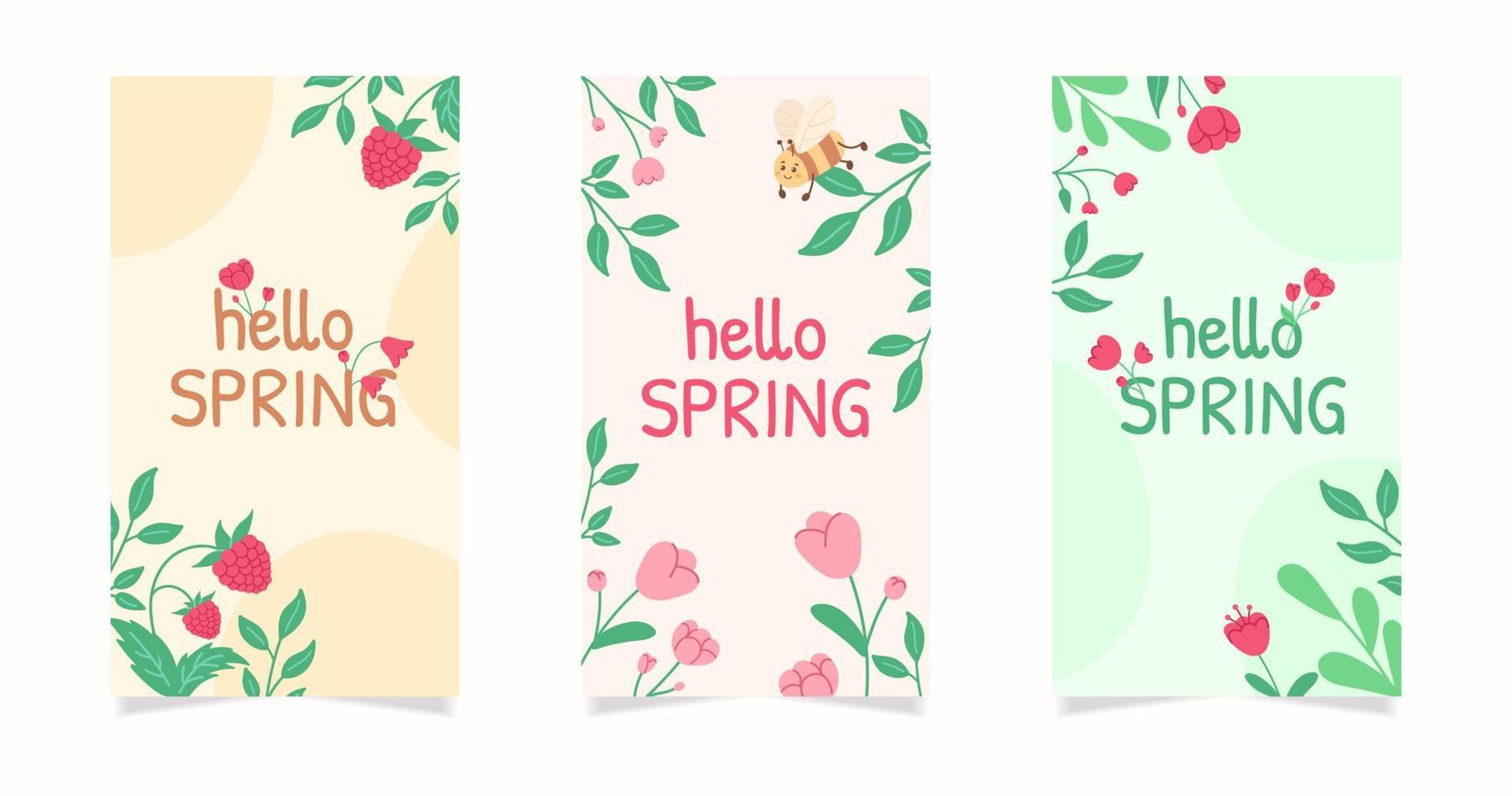Hand drown flower stories background set. Spring floral illustration background. Patterns for social media story, poster, invitation. vector