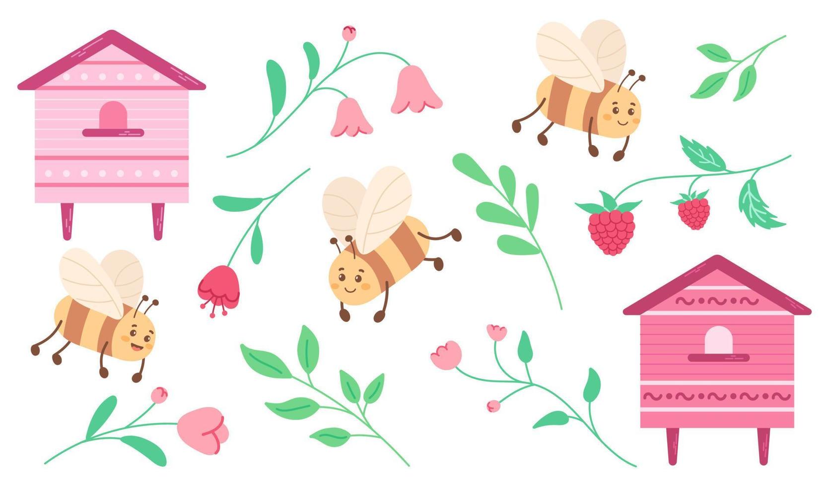 Cute honey bee funny illustration set. Cartoon vector happy spring insect character collection with hives, flowers and leaves.