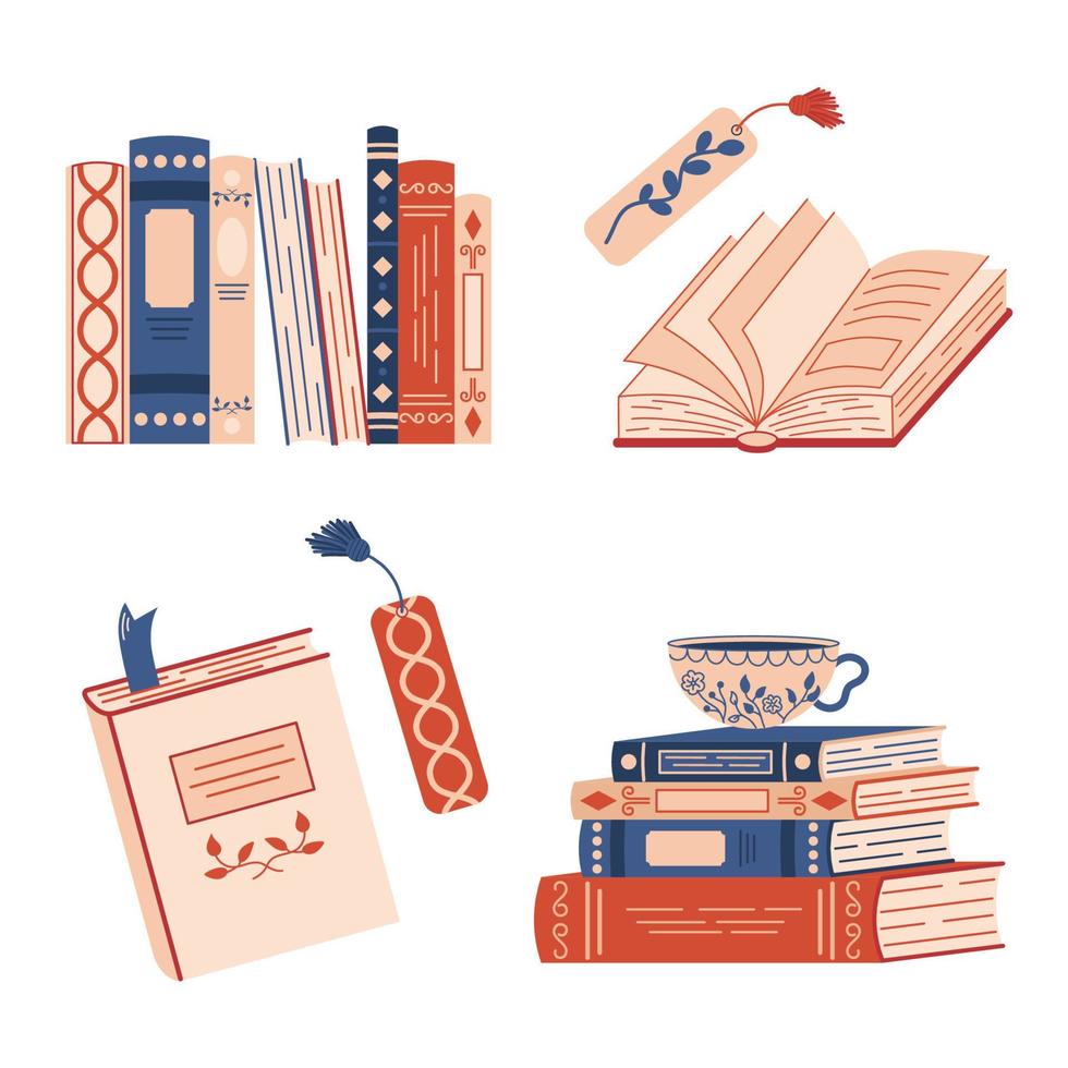 varios papel libros, libros acostado en varios posiciones, en pie en estantes, abierto, cerrado, un taza con un caliente beber. mano dibujado plano ilustración de libros. vector