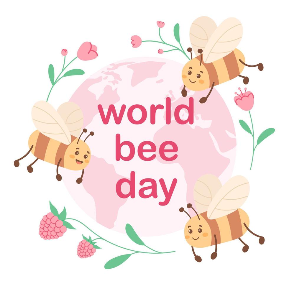 Banner or template for world bee day. Vector illustration bees fly around the globe with flowers.