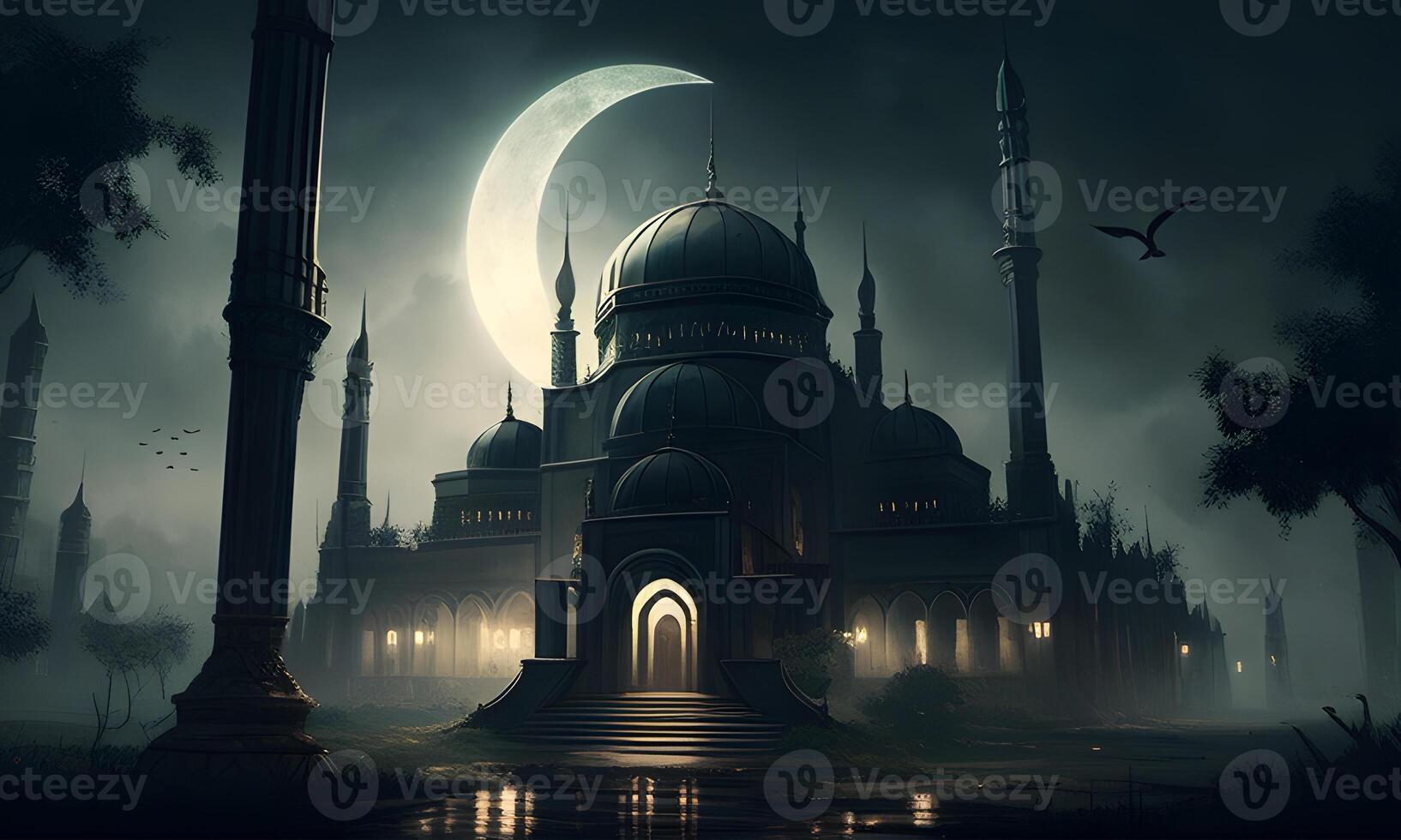Springtime Ramadan Kareem and Eid historical mosque and moon dark night view background. . photo