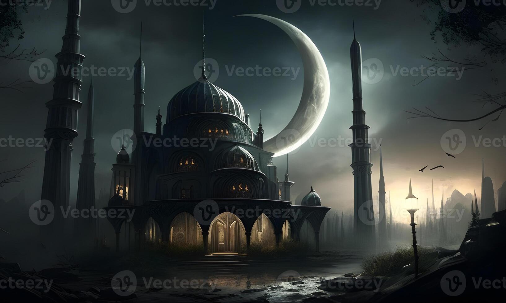 Springtime Ramadan Kareem and Eid historical mosque and moon dark night view background. . photo