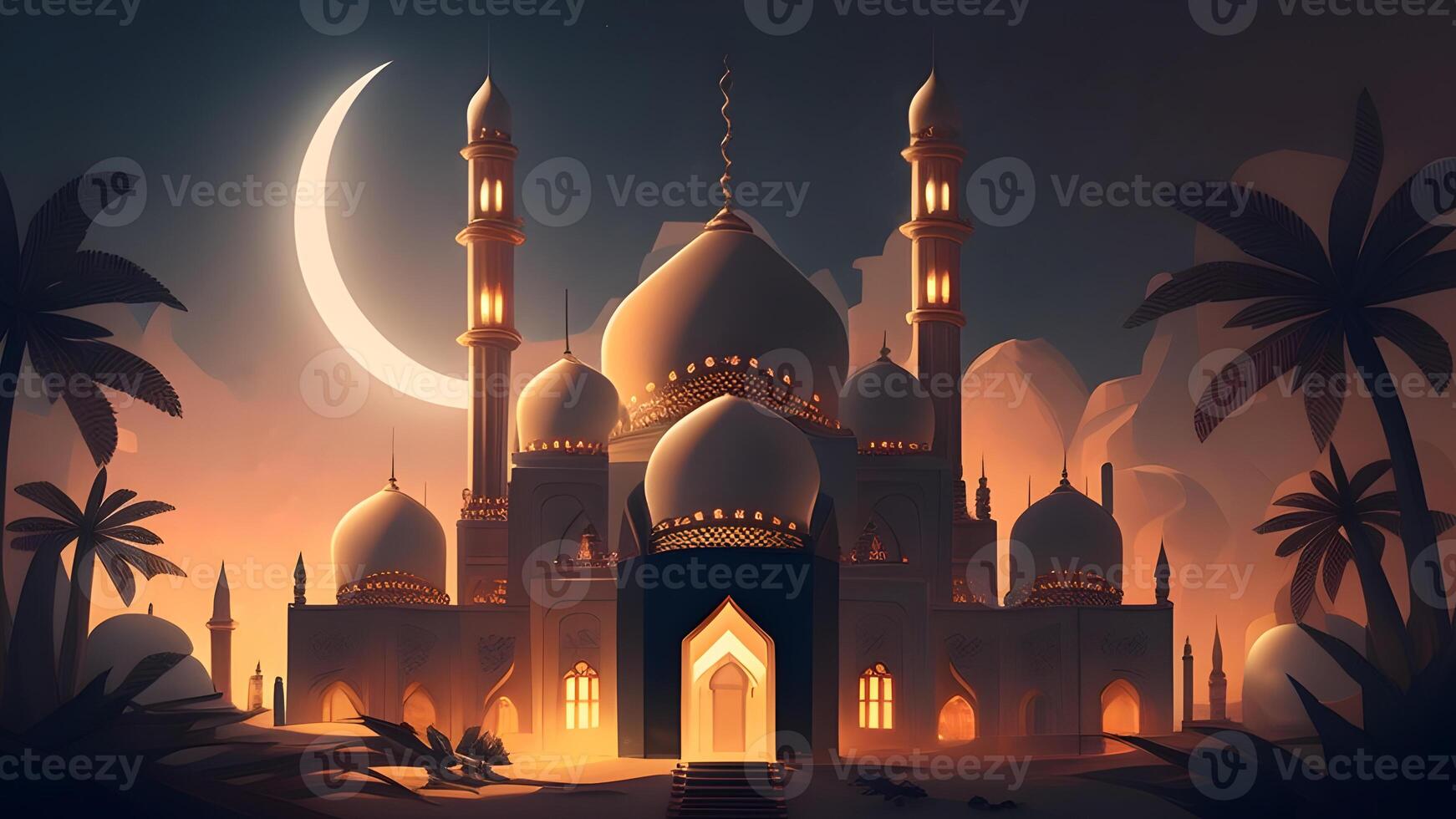 Springtime Ramadan Kareem and Eid historical mosque and moon dark night view background. . photo