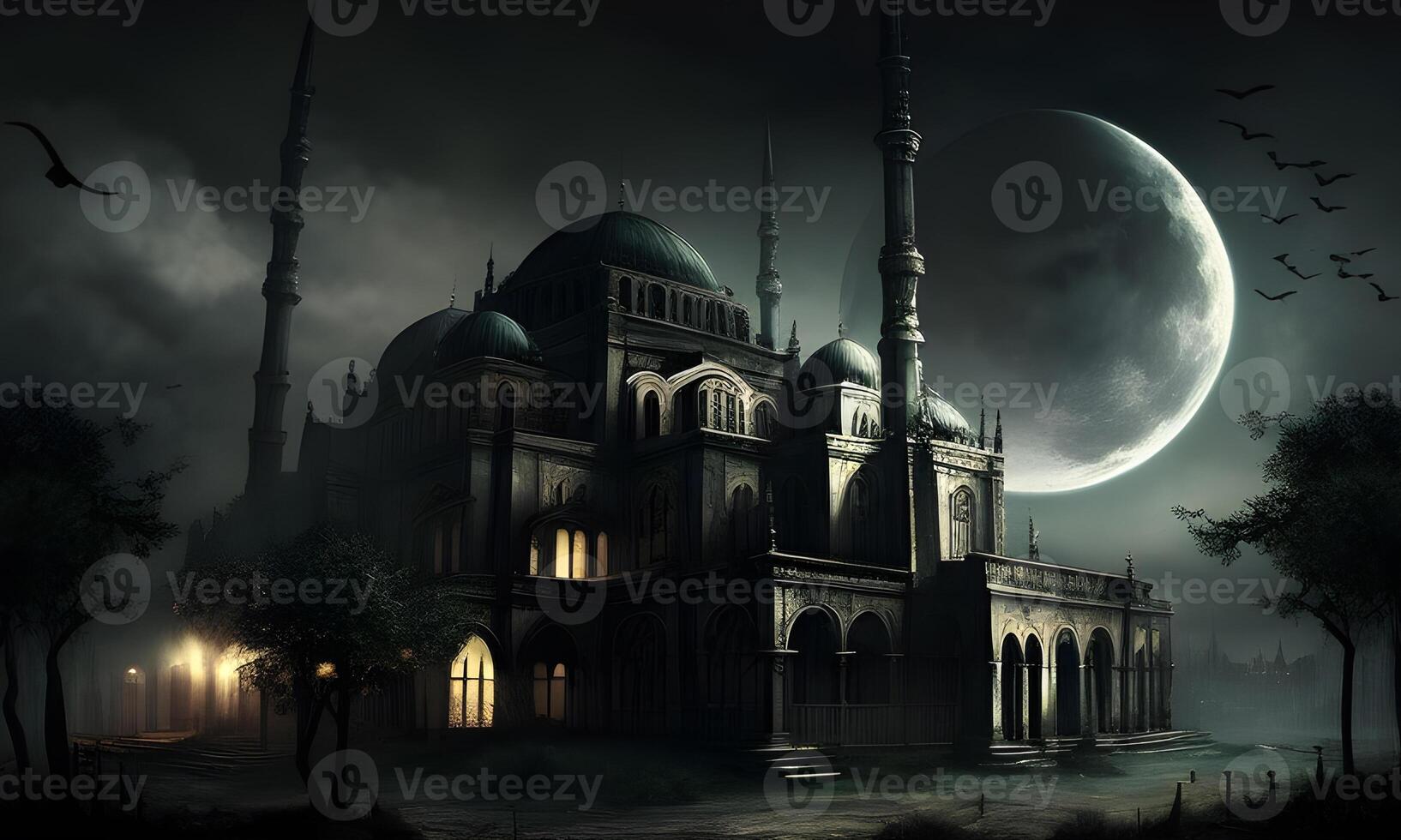 Springtime Ramadan Kareem and Eid historical mosque and moon dark night view background. . photo