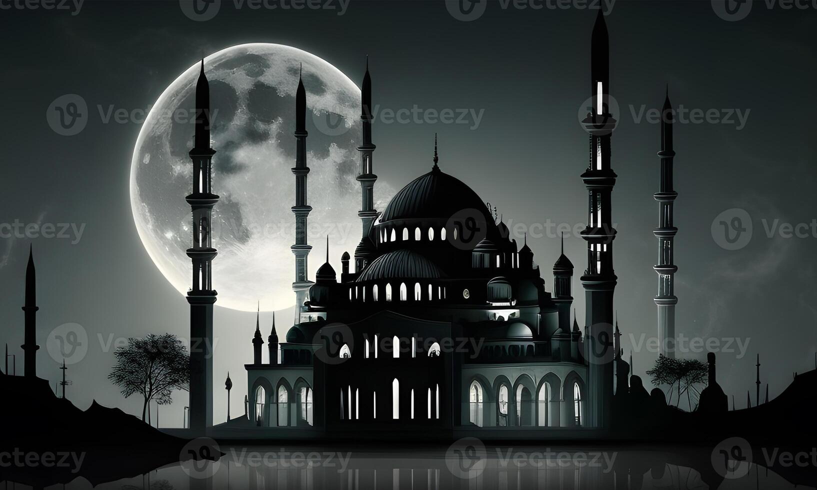 Springtime Ramadan Kareem and Eid historical mosque and moon dark night view background. . photo