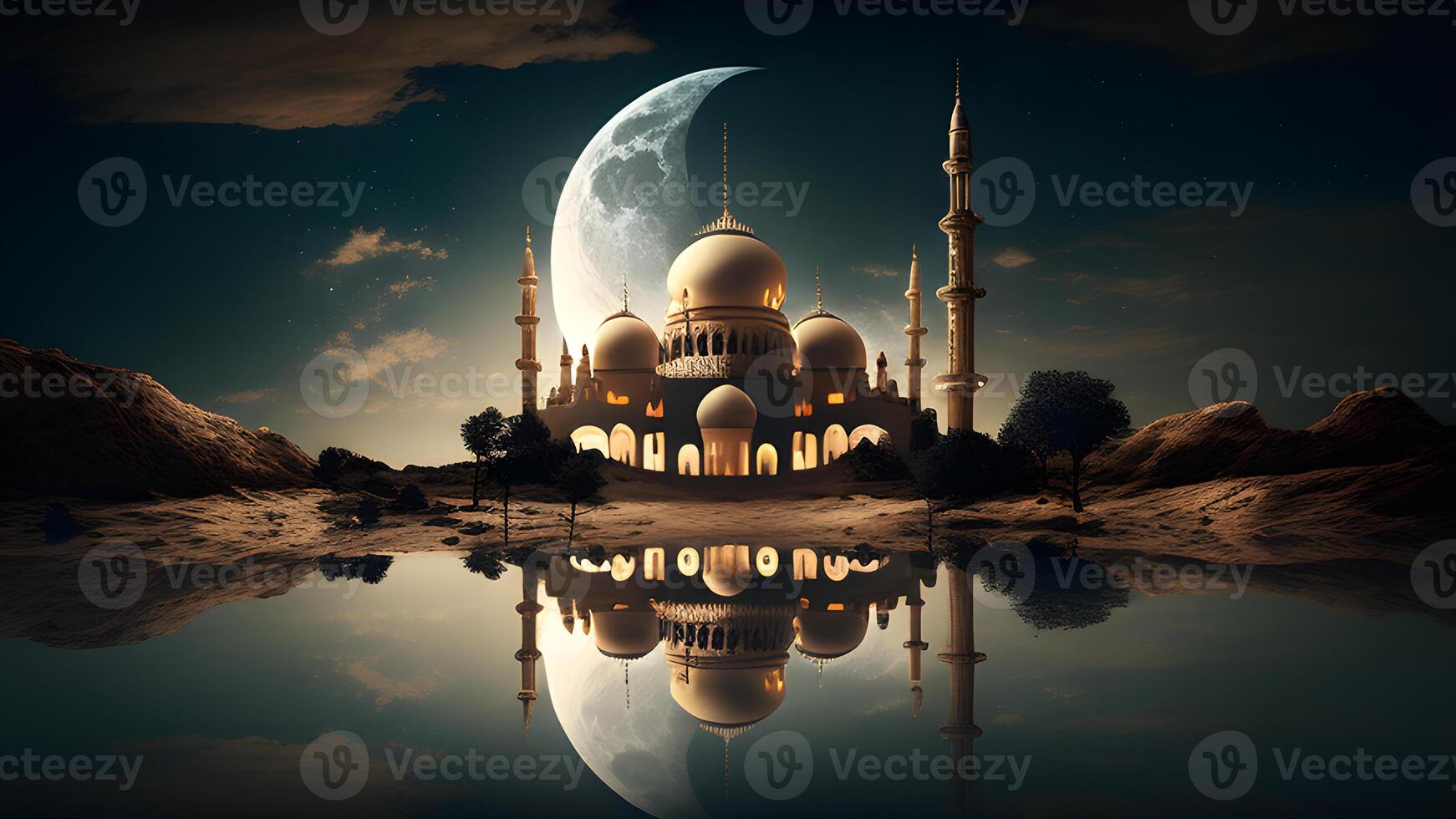 Springtime Ramadan Kareem and Eid historical mosque and moon dark night view background. . photo