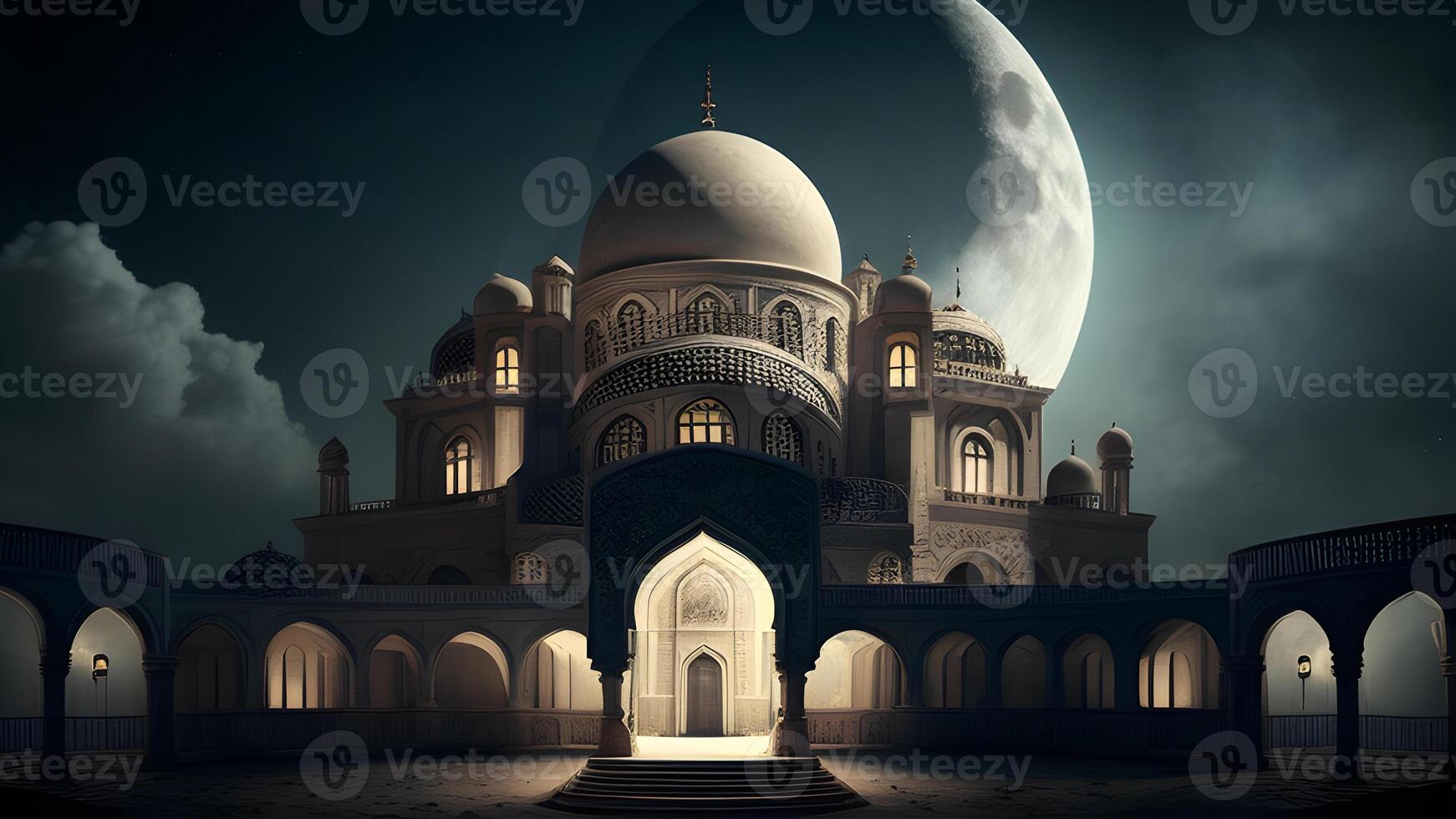 Springtime Ramadan Kareem and Eid historical mosque and moon dark night view background. . photo