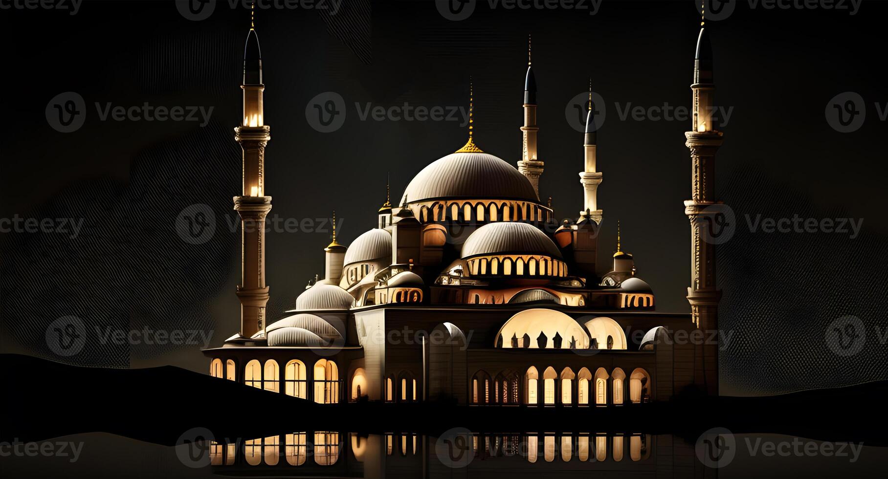 Springtime Ramadan Kareem and Eid historical mosque and moon dark night view background. . photo