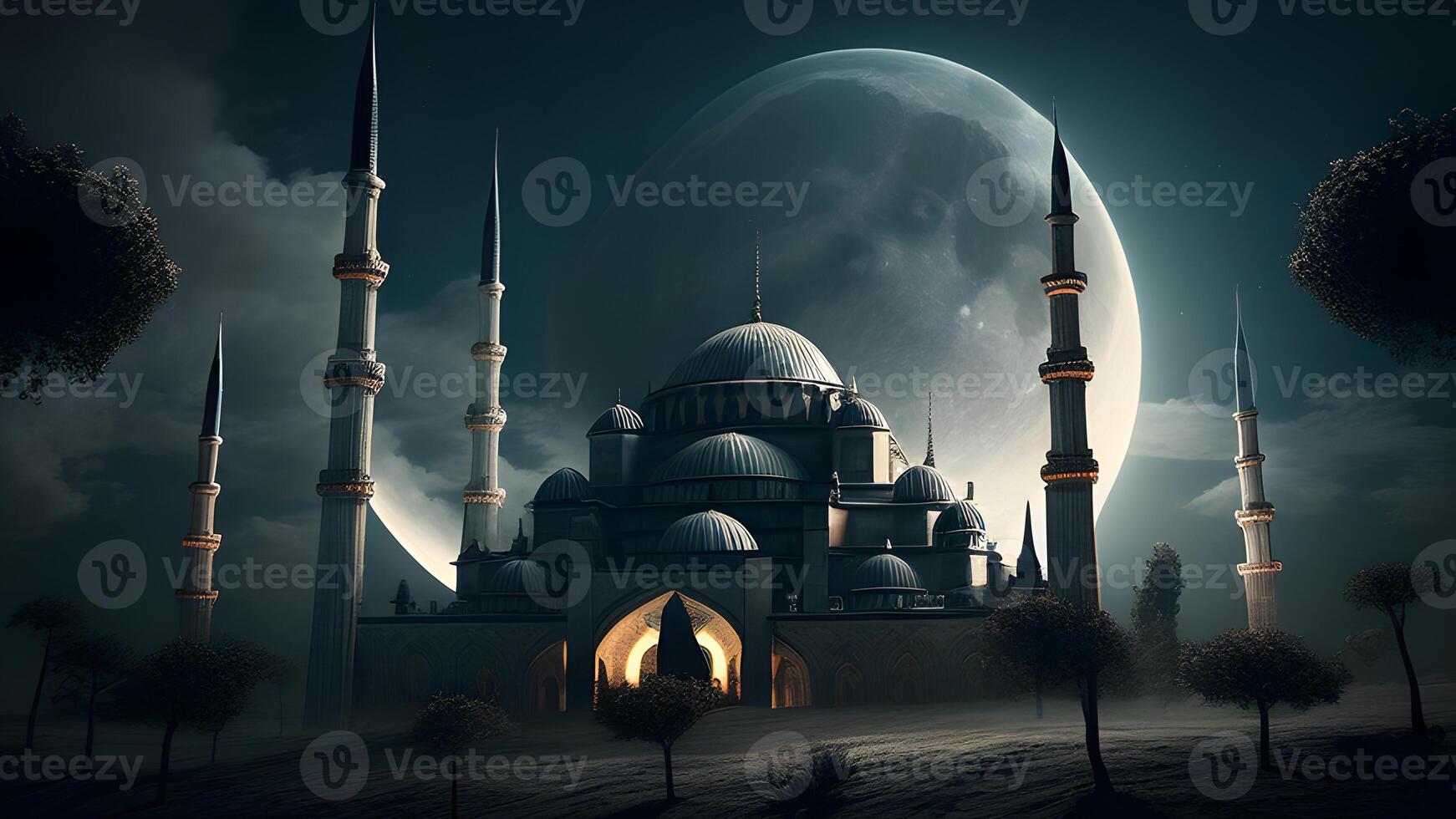 Springtime Ramadan Kareem and Eid historical mosque and moon dark night view background. . photo